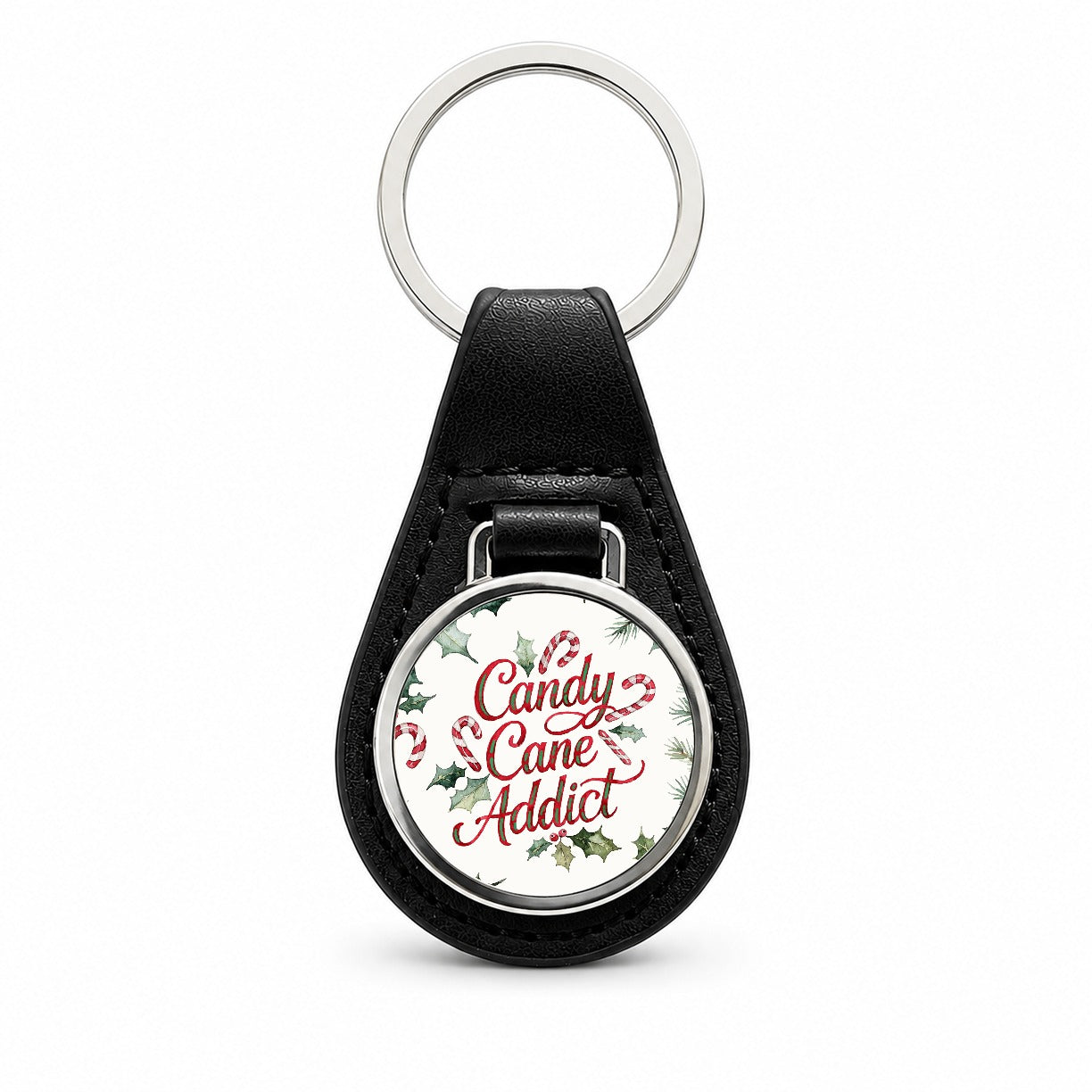 Candy Cane Addict Christmas Funny Black Leather Metal Keychain