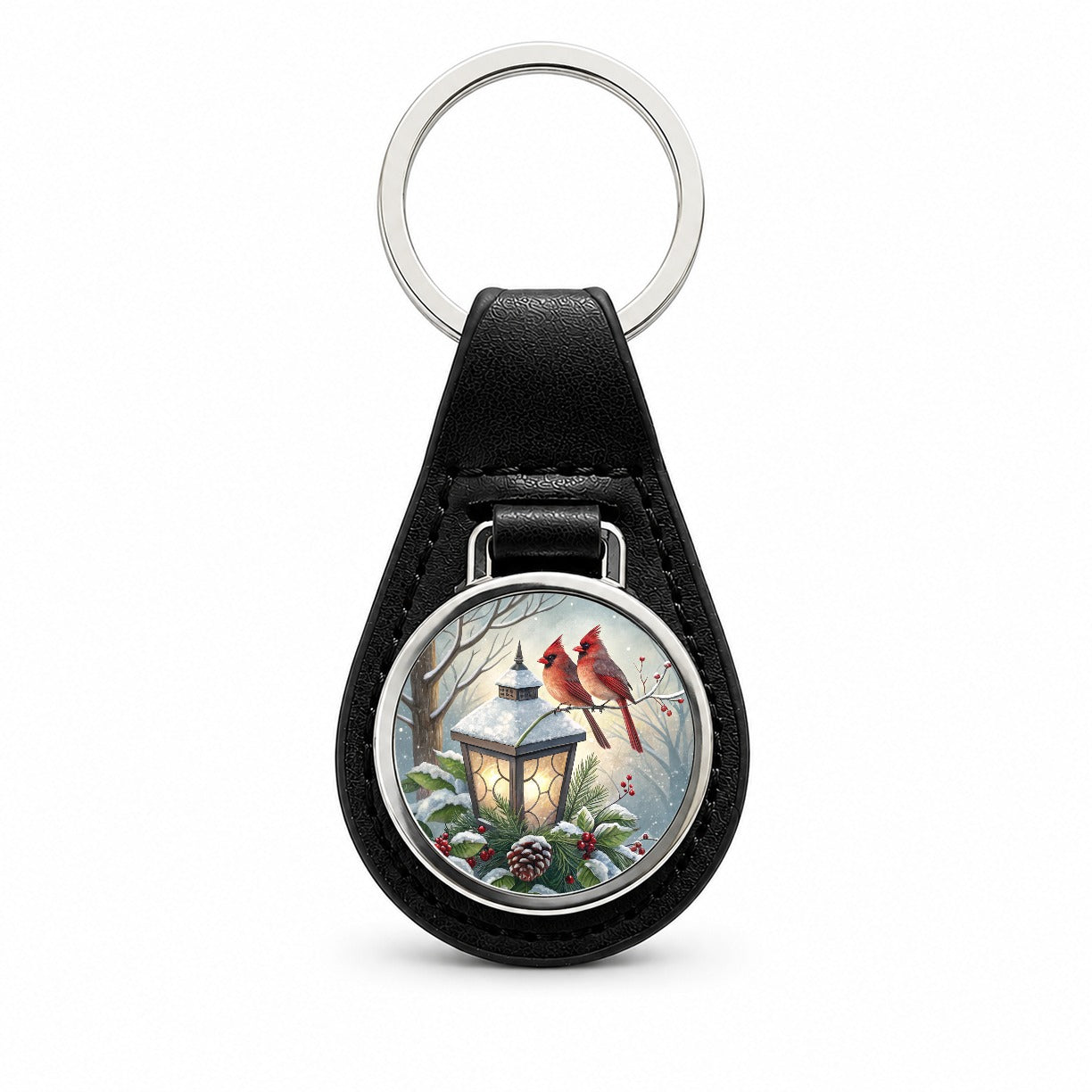 Cardinal Birds Lantern Christmas Black Leather Metal Keychain