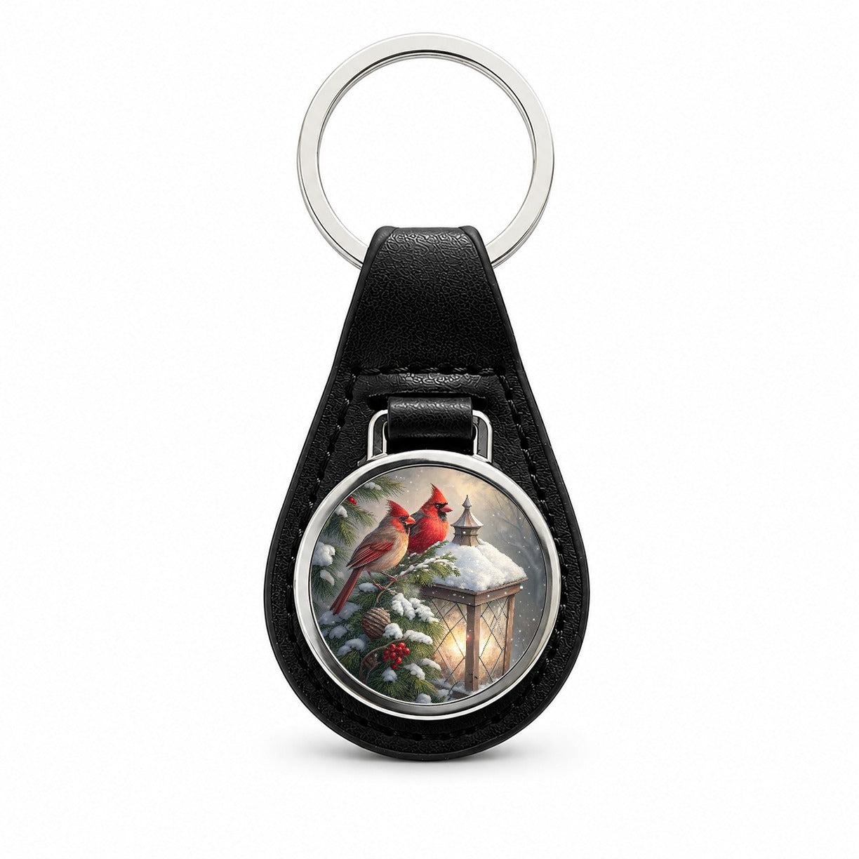 Cardinal Birds Snow Lantern Christmas Black Leather Metal Keychain