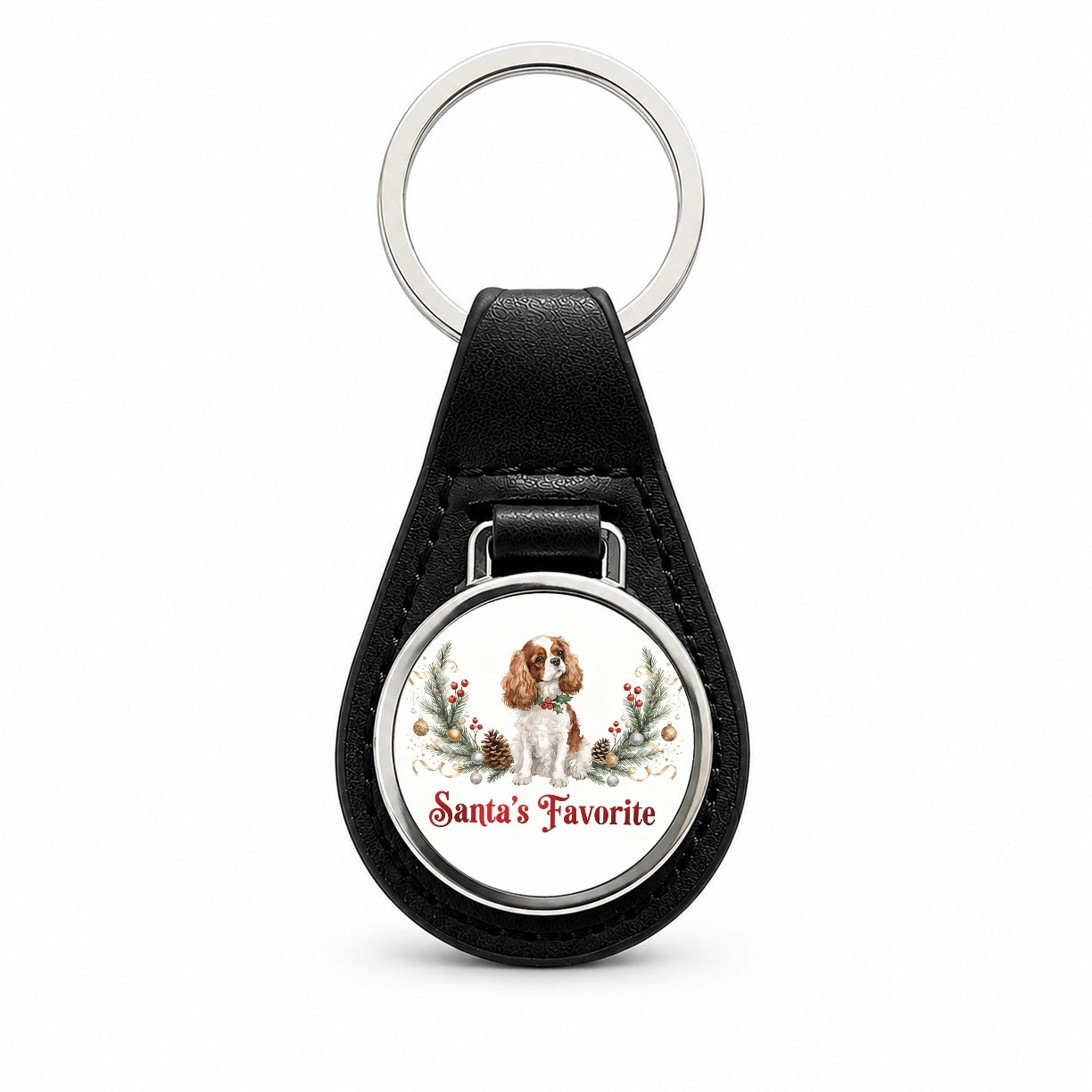 Cavalier King Charles Spaniel Dog Christmas Santa's Favorite Black Leather Metal Keychain