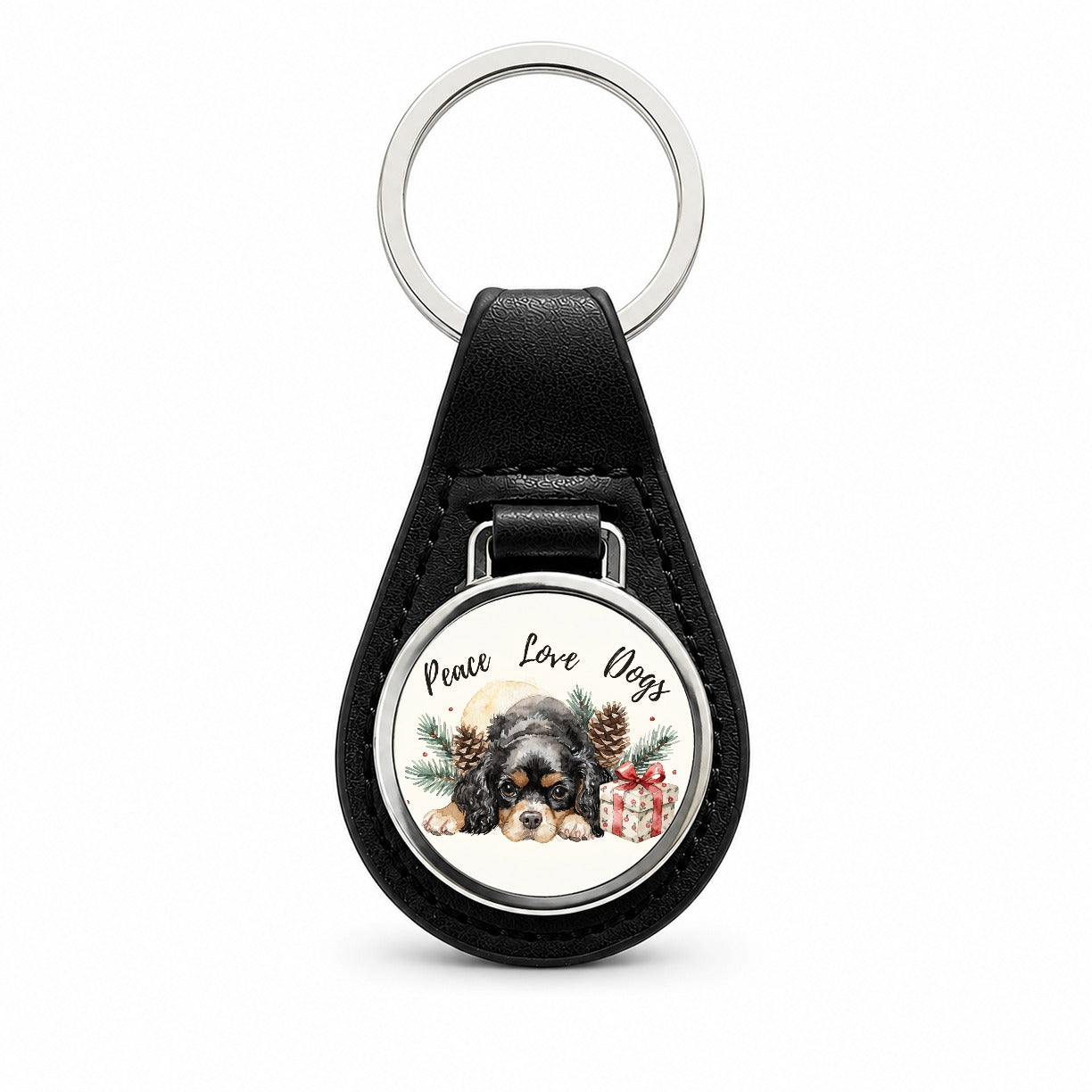 Cavalier King Charles Spaniel Peace Love Dogs Black Leather Metal Keychain