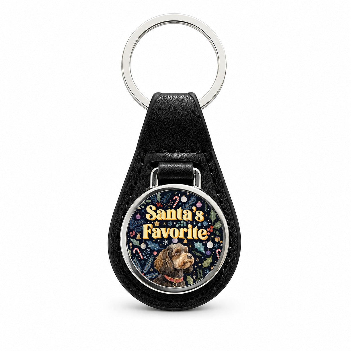 Cavapoo Dog Christmas Santa's Favorite Black Leather Metal Keychain
