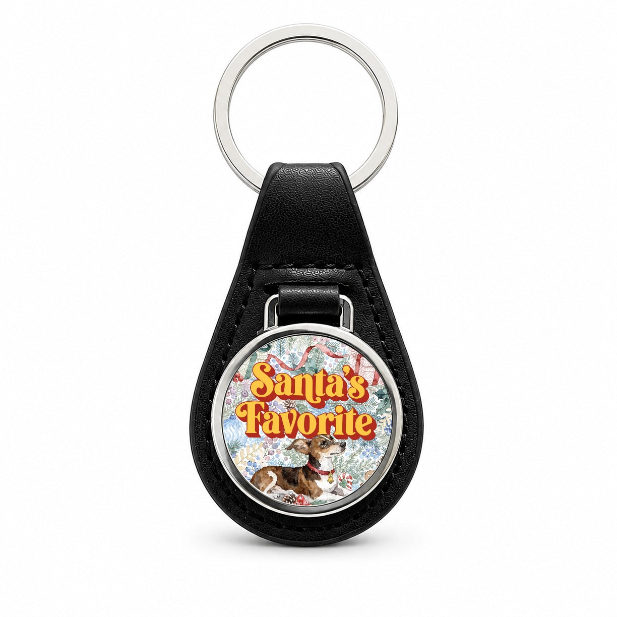 Chiweenie Dog Christmas Santa's Favorite Black Leather Metal Keychain