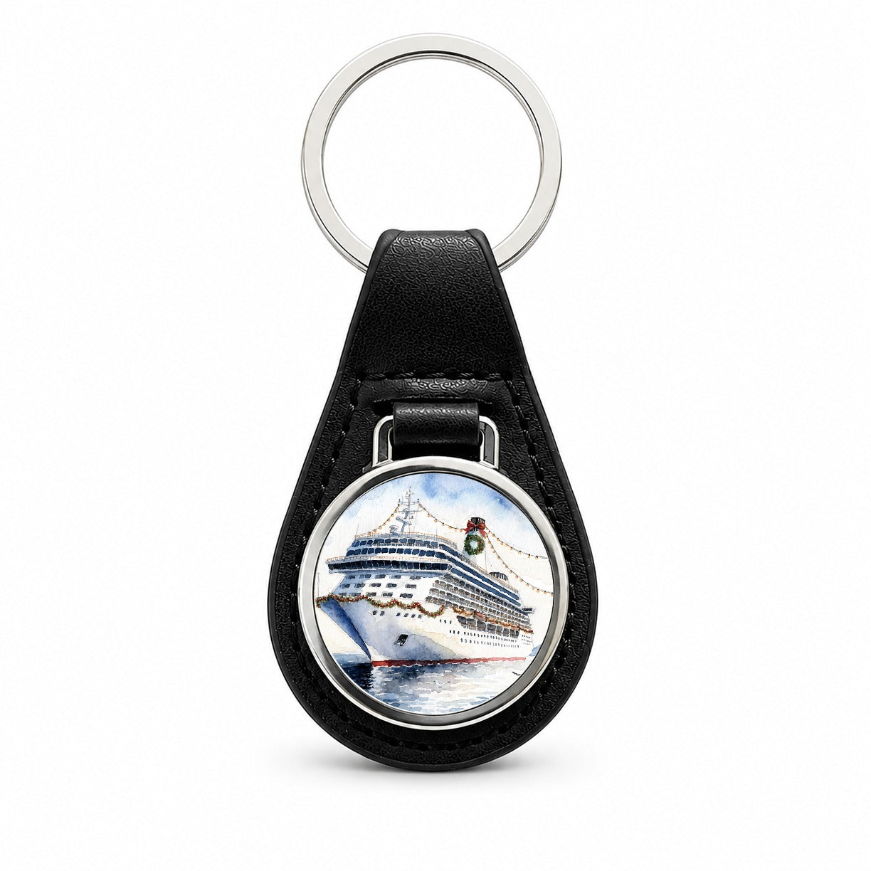 Christmas Cruise Ship Black Leather Metal Keychain