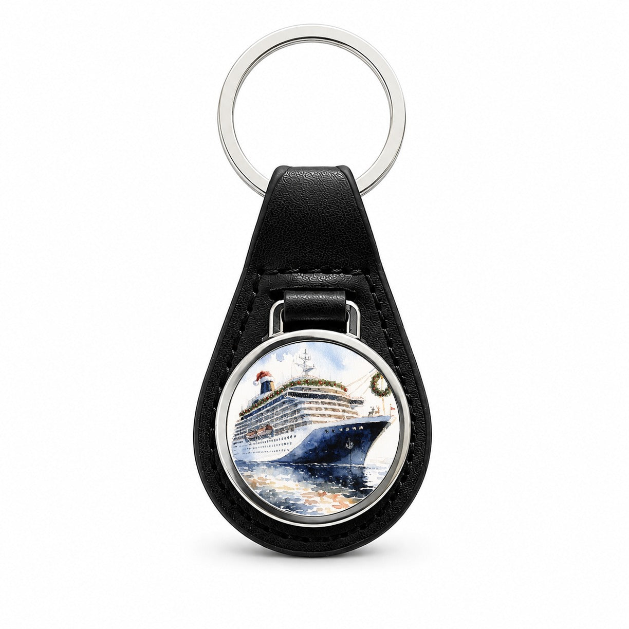 Christmas Cruse Ship Vacation Black Leather Metal Keychain