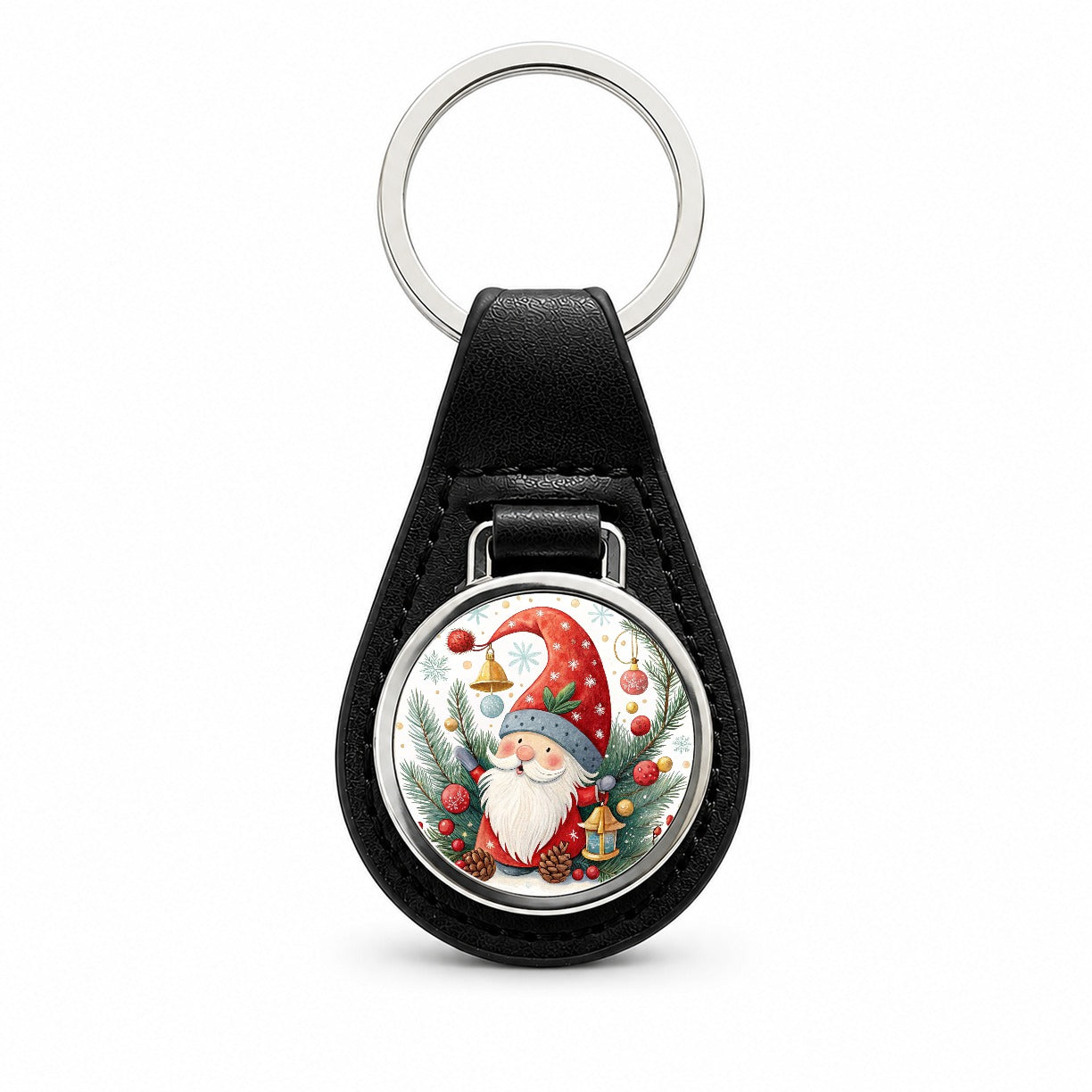 Christmas Gnome Colorful Black Leather Metal Keychain