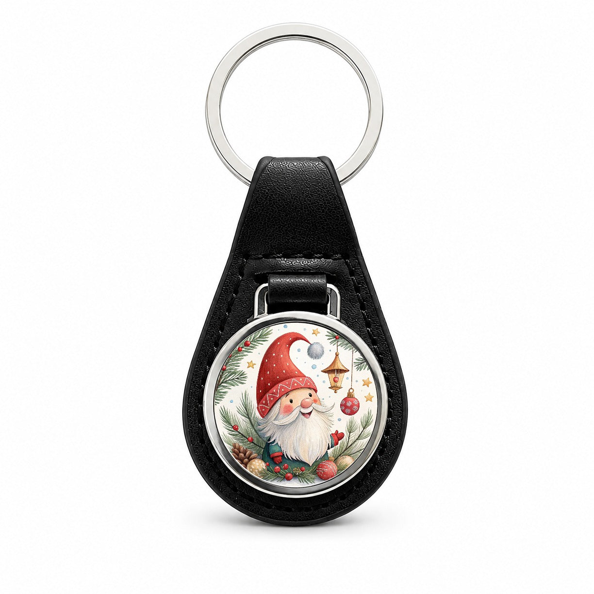 Christmas Gnome Happy Black Leather Metal Keychain