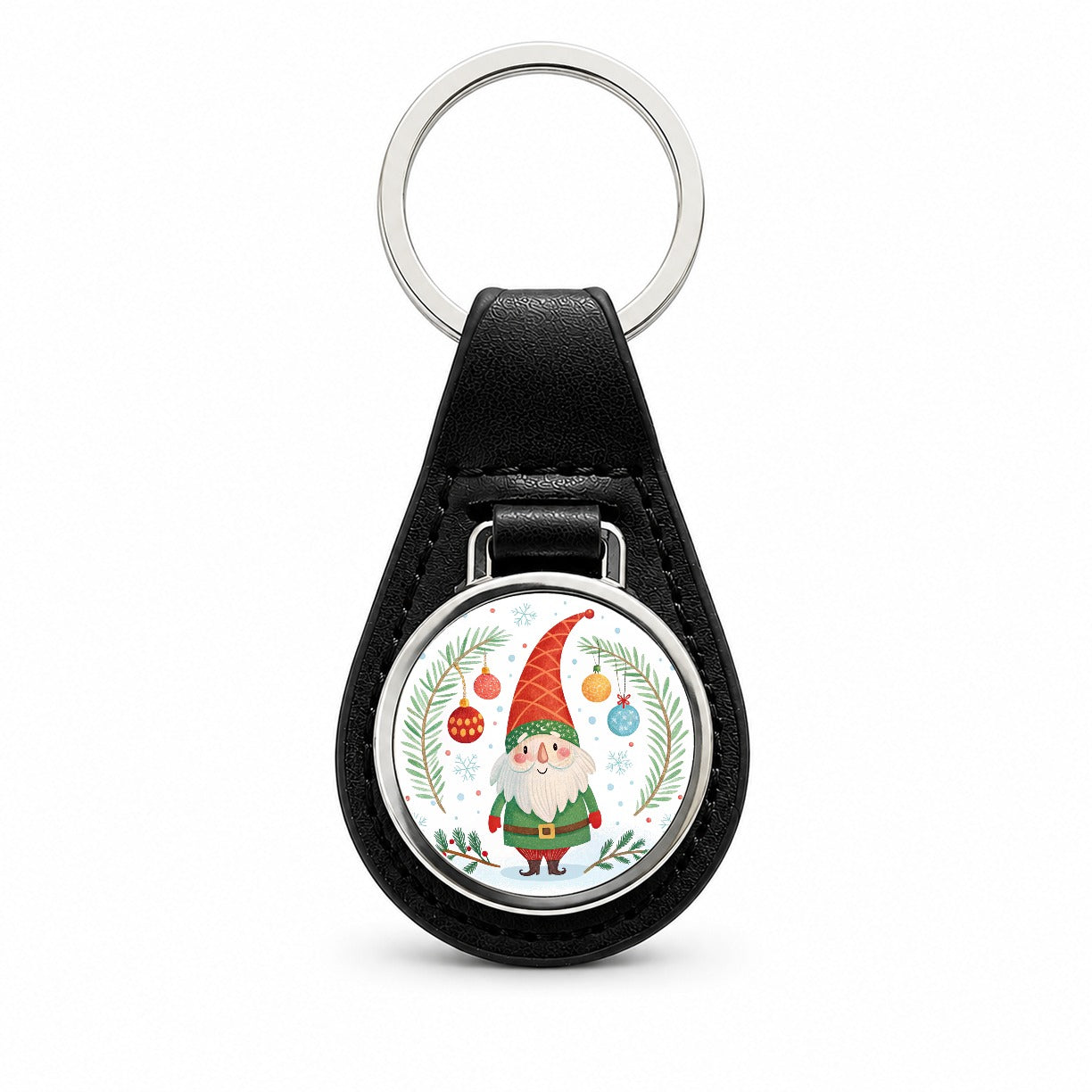 Christmas Gnome Red Green Black Leather Metal Keychain