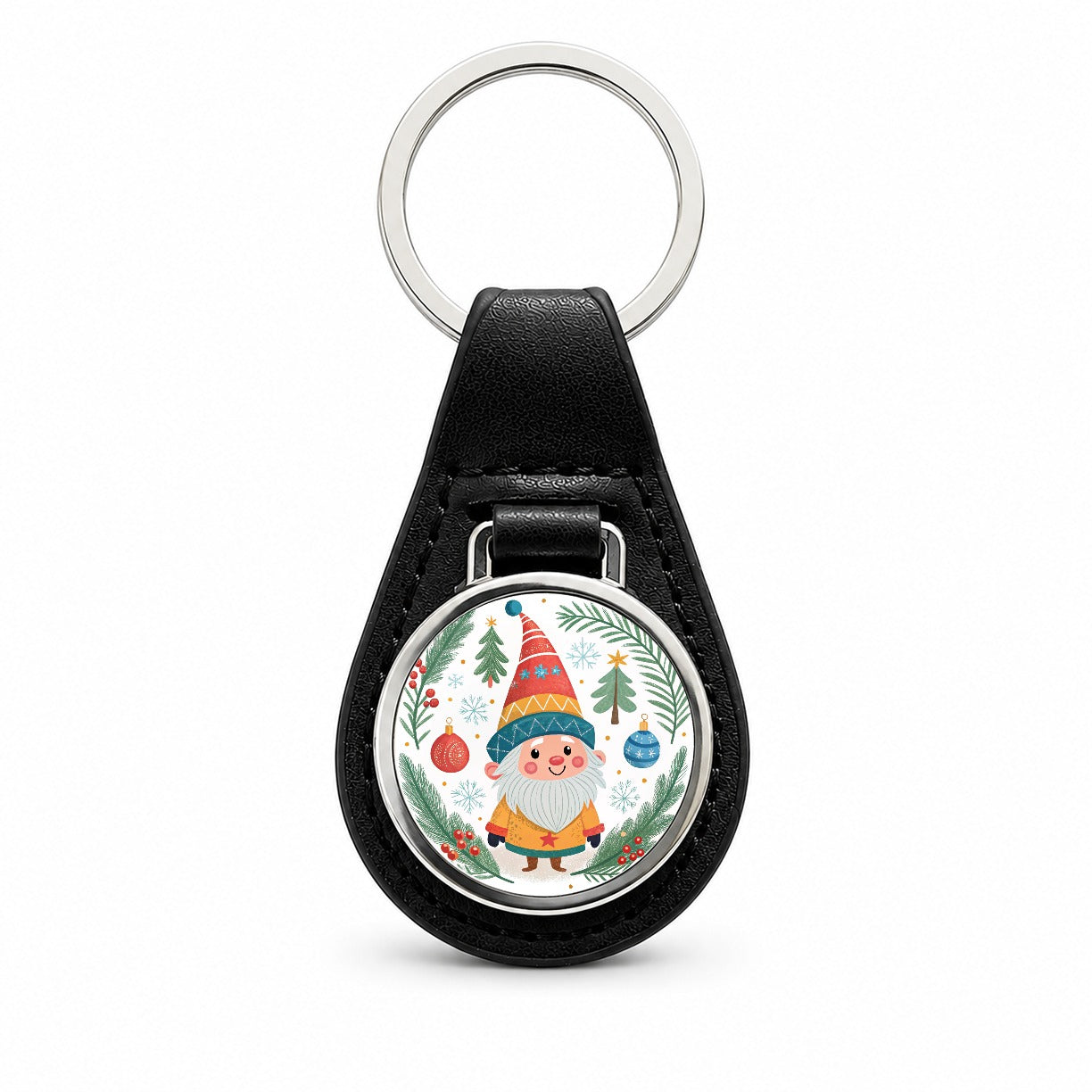 Christmas Gnome Smiling Black Leather Metal Keychain