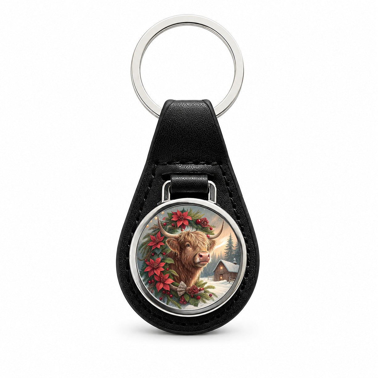 Christmas Highland Cow Barn Black Leather Metal Keychain