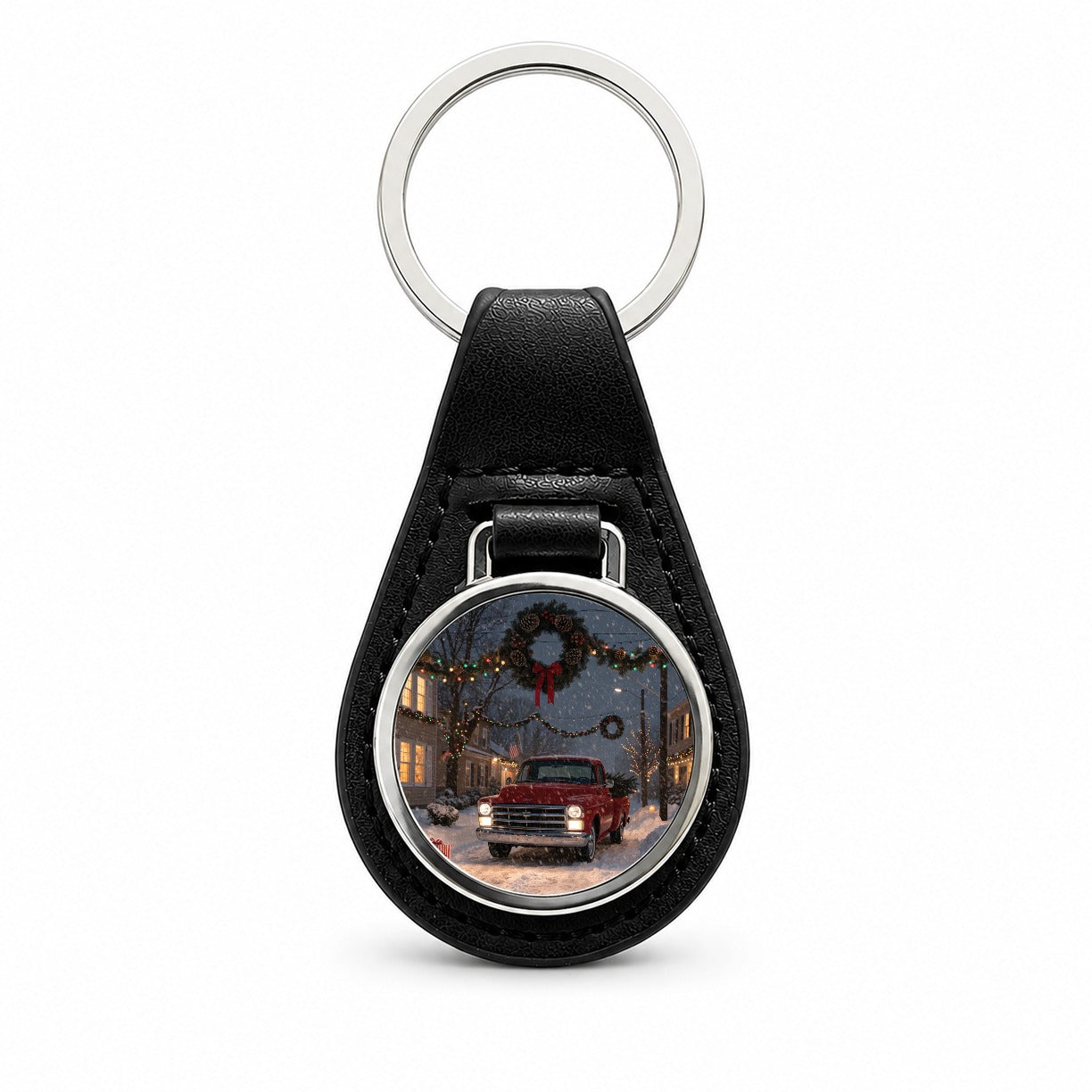 Christmas Red Truck Snow Black Leather Metal Keychain