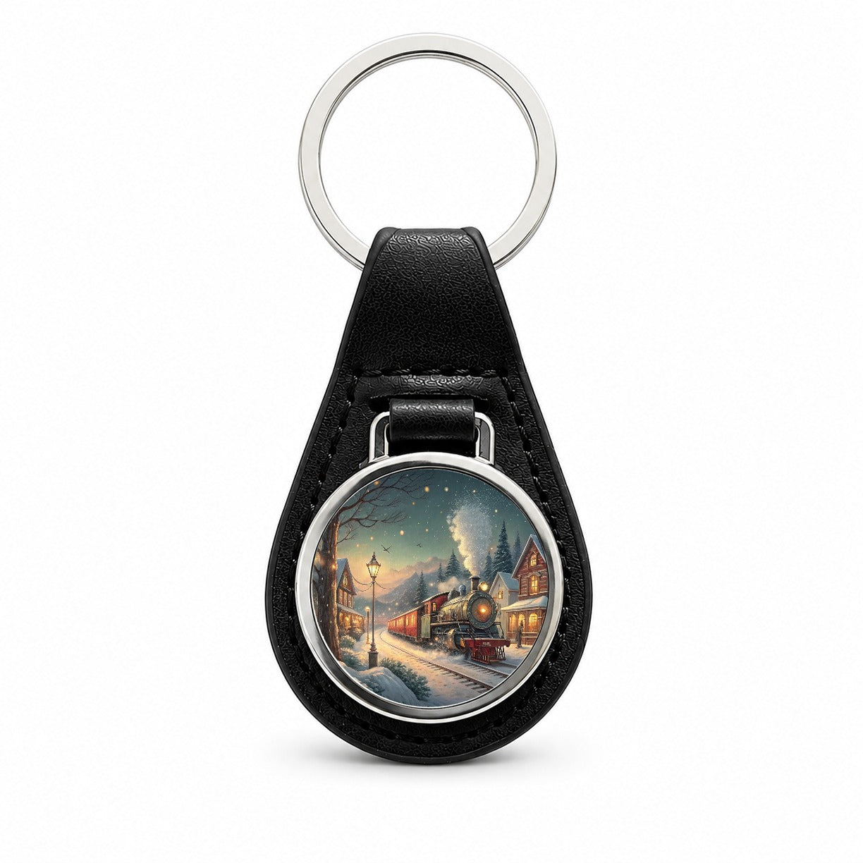 Christmas Train Snowy Village Black Leather Metal Keychain
