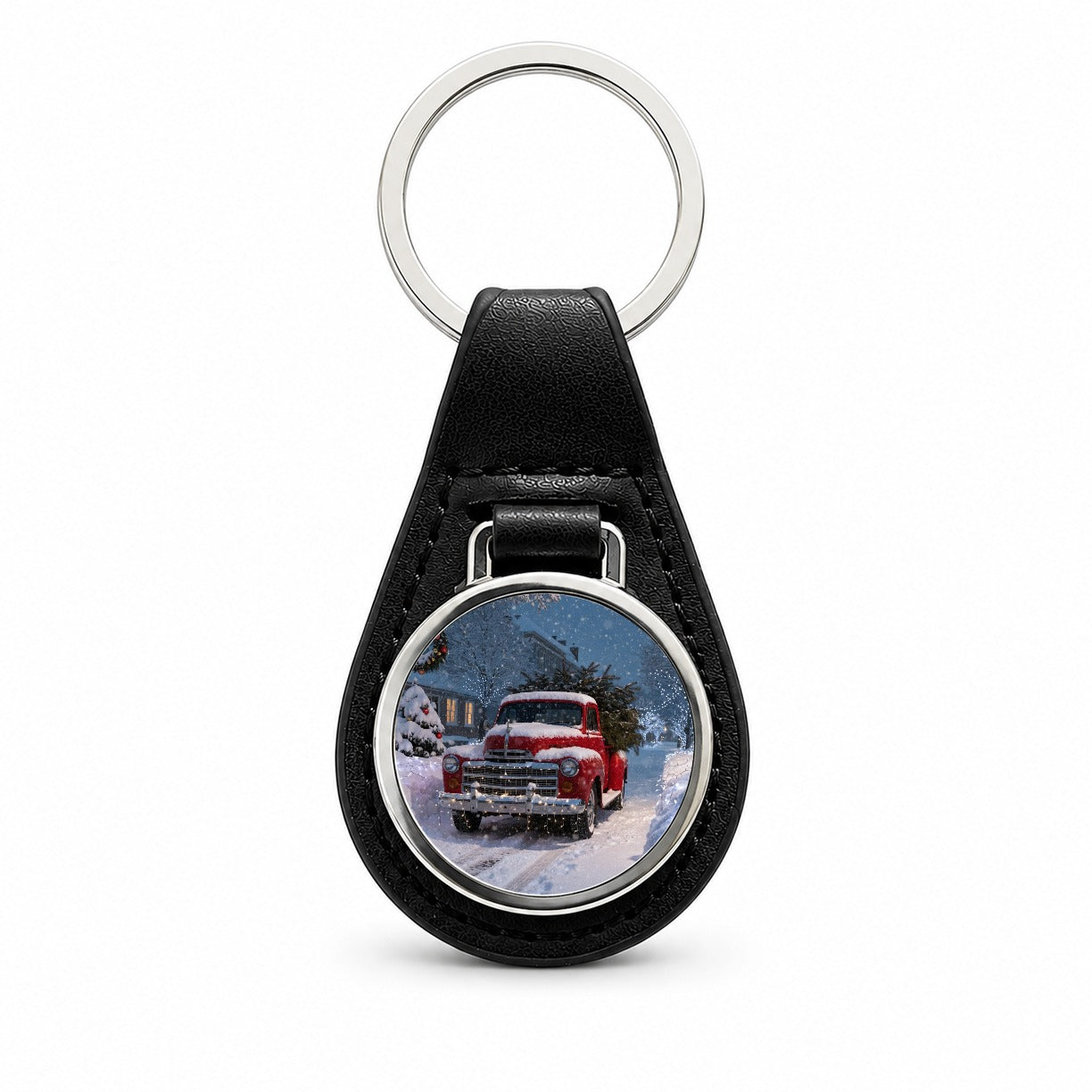 Christmas Tree In Red Truck Black Leather Metal Keychain
