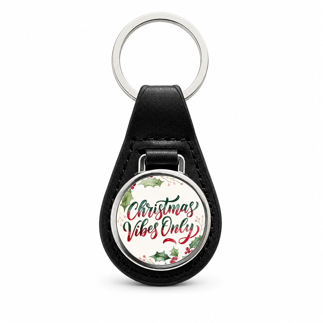 Christmas Vibes Only Script Black Leather Metal Keychain