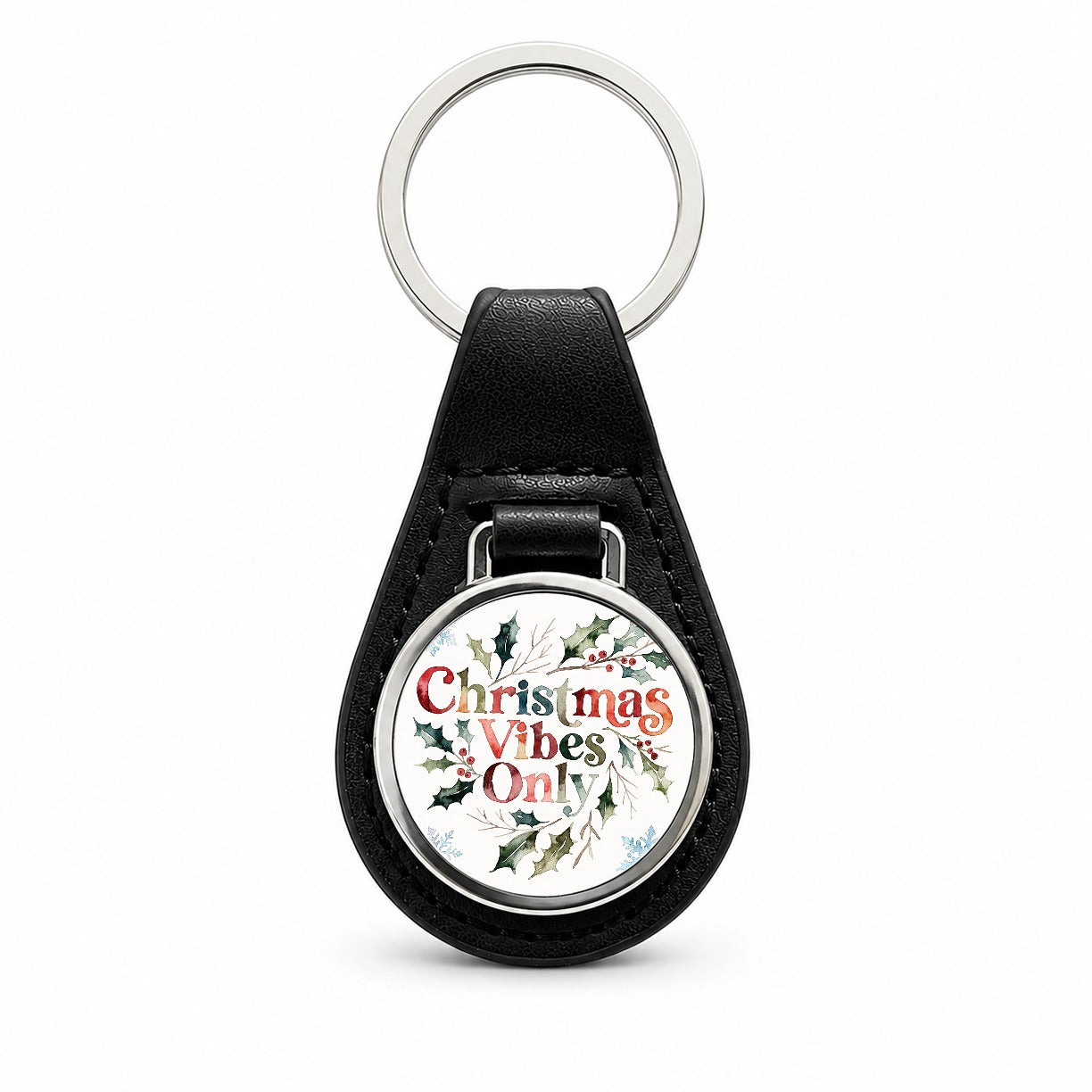 Christmas Vibes Only Black Leather Metal Keychain