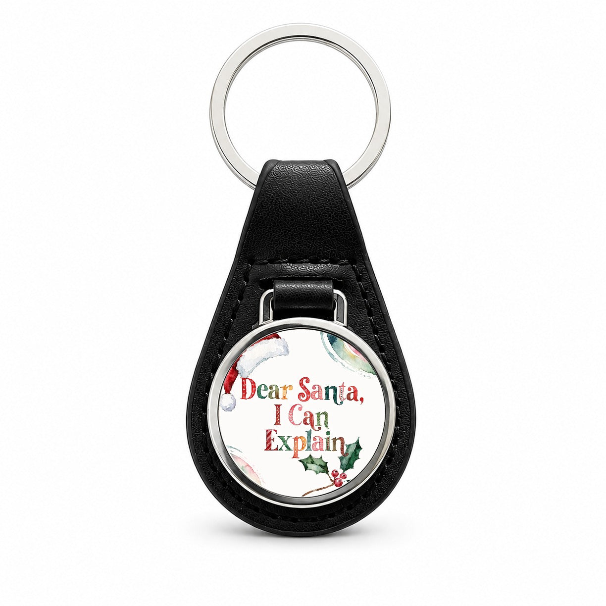 Dear Santa I Can Explain Christmas Funny Black Leather Metal Keychain