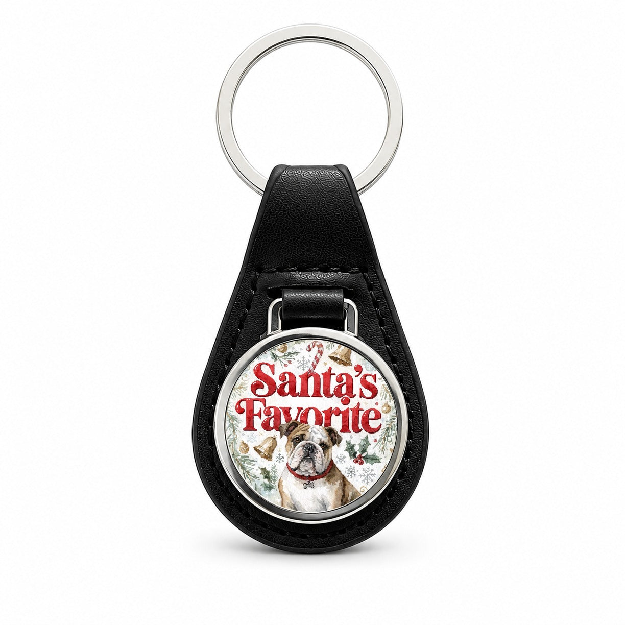 English Bulldog Christmas Santa's Favorite Black Leather Metal Keychain