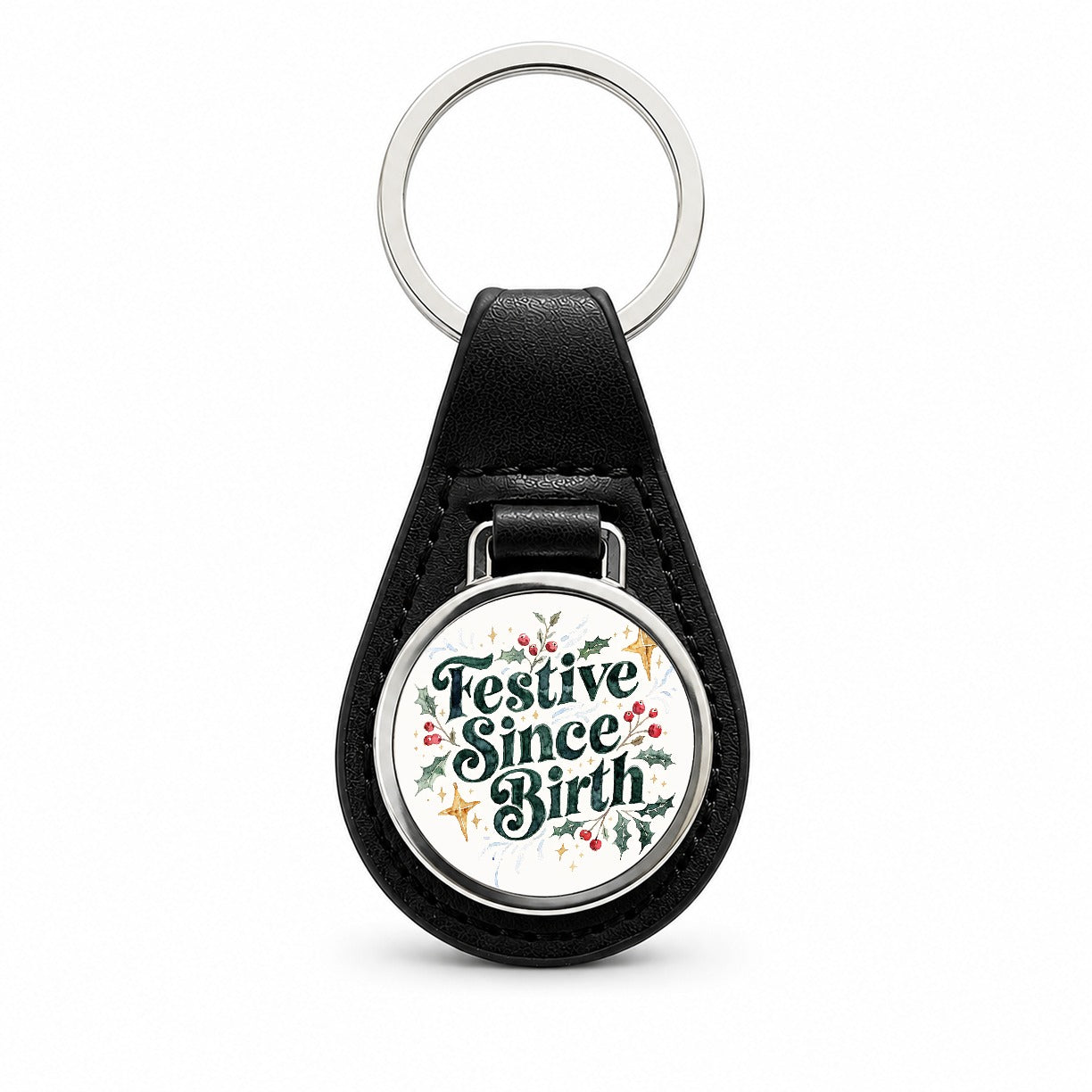 Festive Since Birth Christmas Script Black Leather Metal Keychain