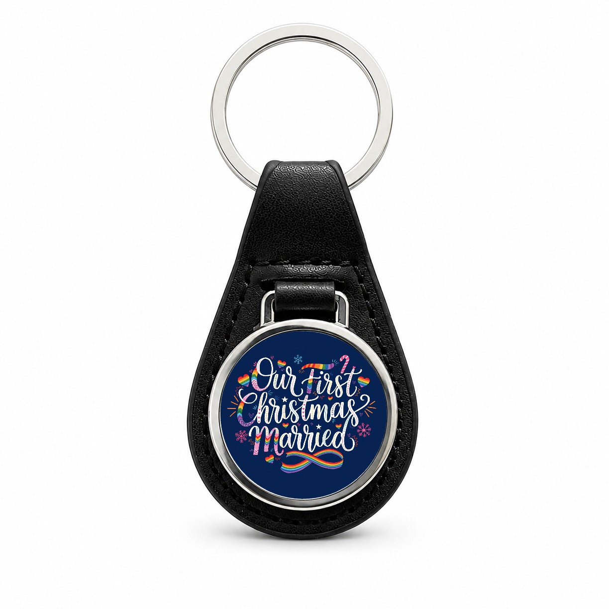 First Christmas Married Pride LGBTQ Black Leather Metal Keychain