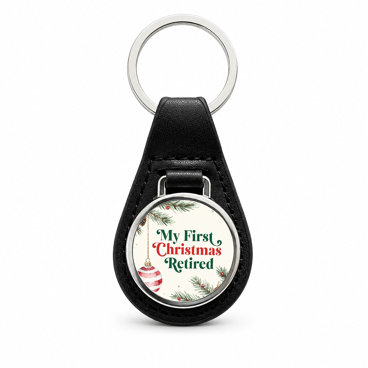 First Christmas Retired Red Green Black Leather Metal Keychain