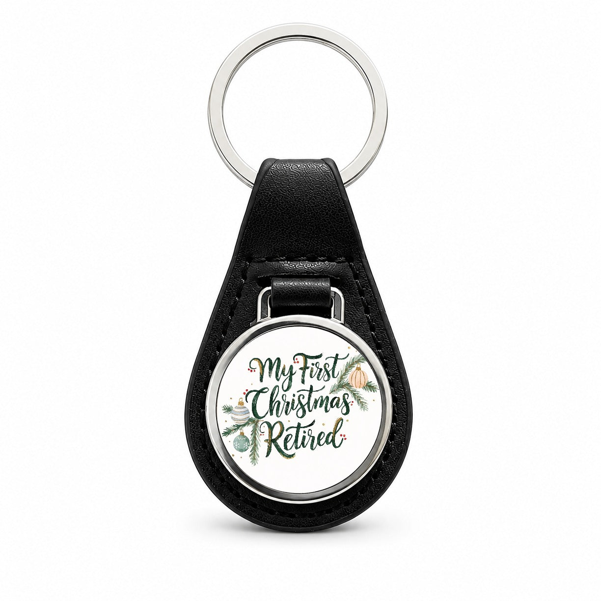 First Christmas Retired Script Black Leather Metal Keychain