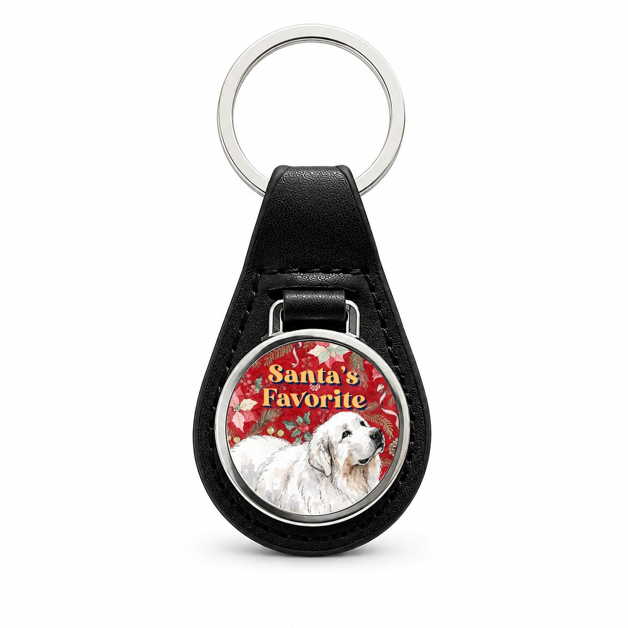 Great Pyrenees Dog Christmas Santa's Favorite Black Leather Metal Keychain