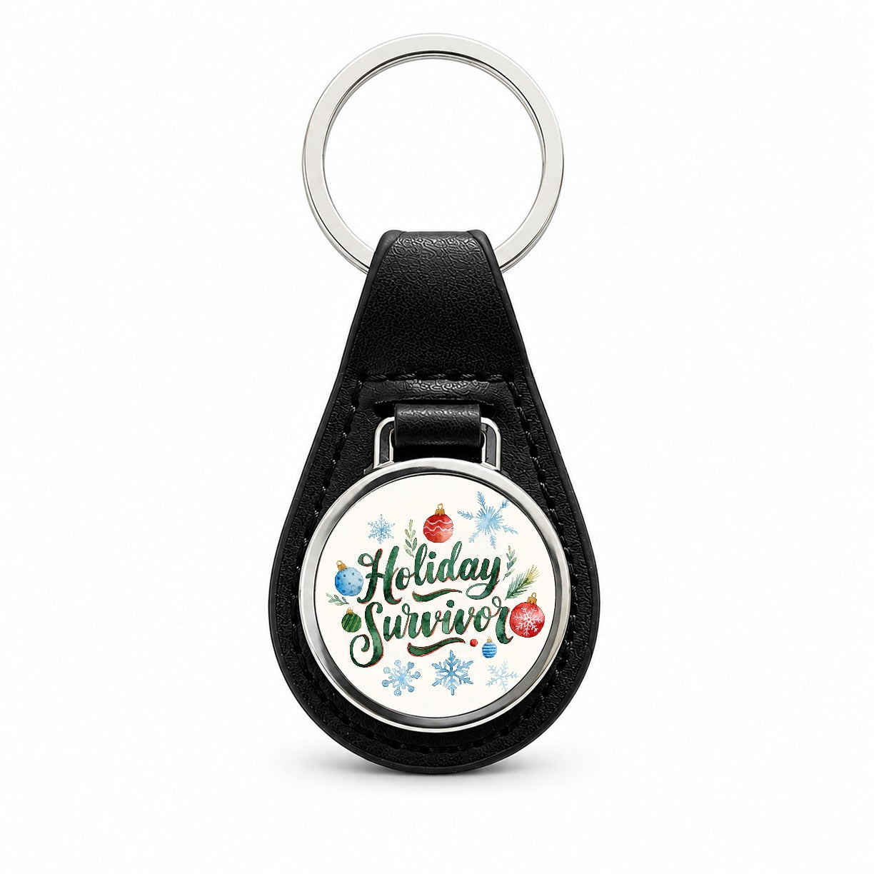 Holiday Survivor Christmas Green Script Black Leather Metal Keychain