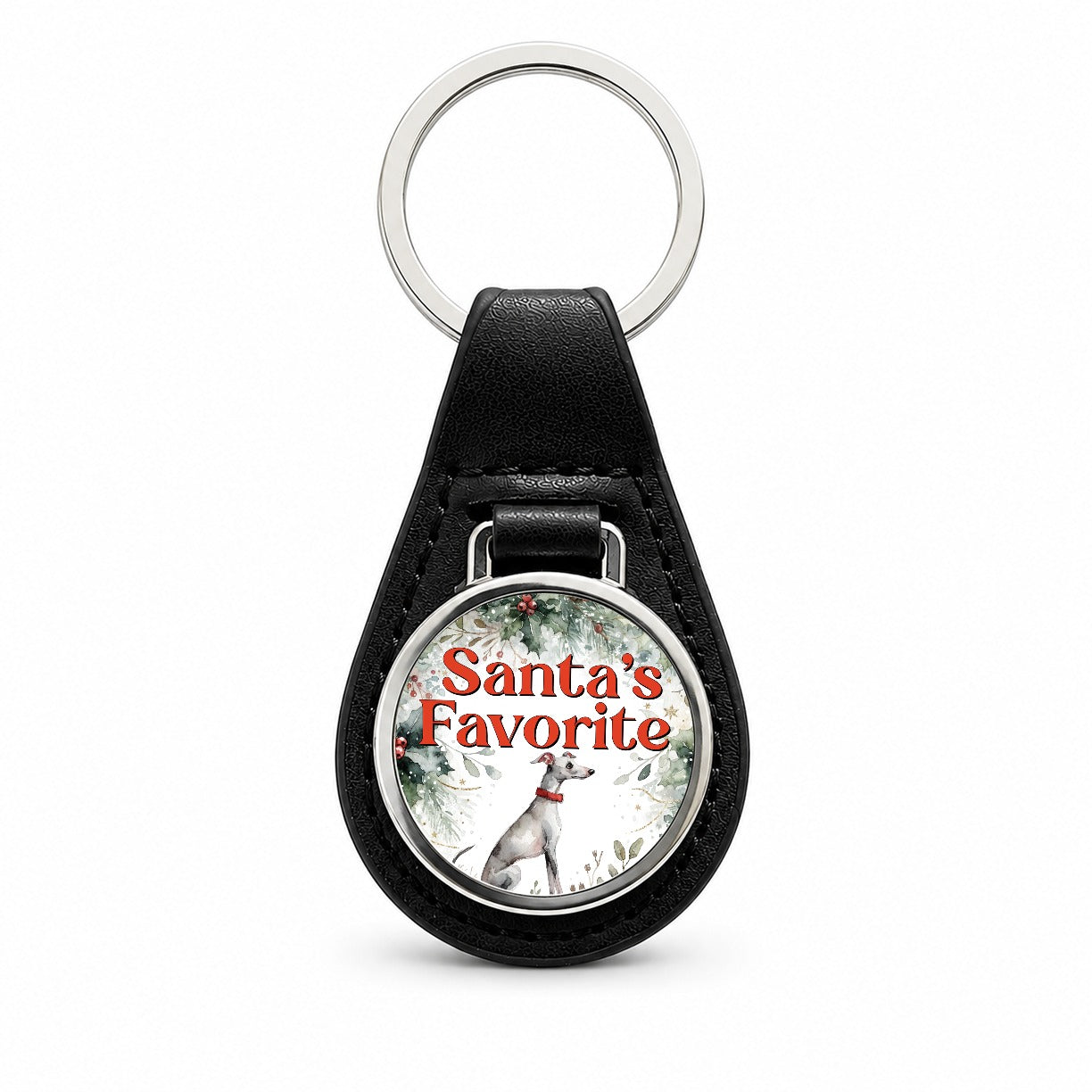 Italian Greyhound Dog Christmas Santa's Favorite Black Leather Metal Keychain