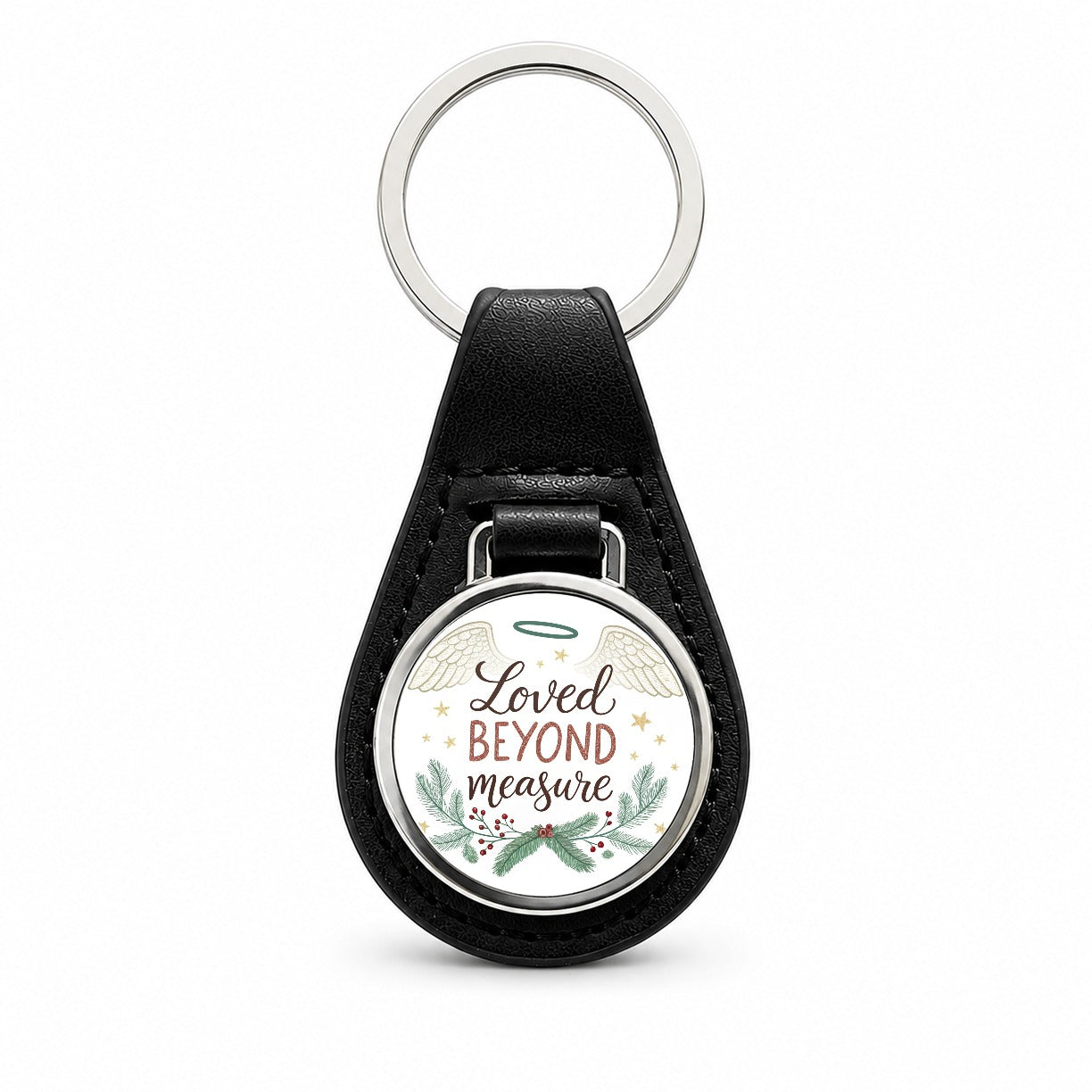Loved Beyond Measure Christmas Halo Angel Black Leather Metal Keychain
