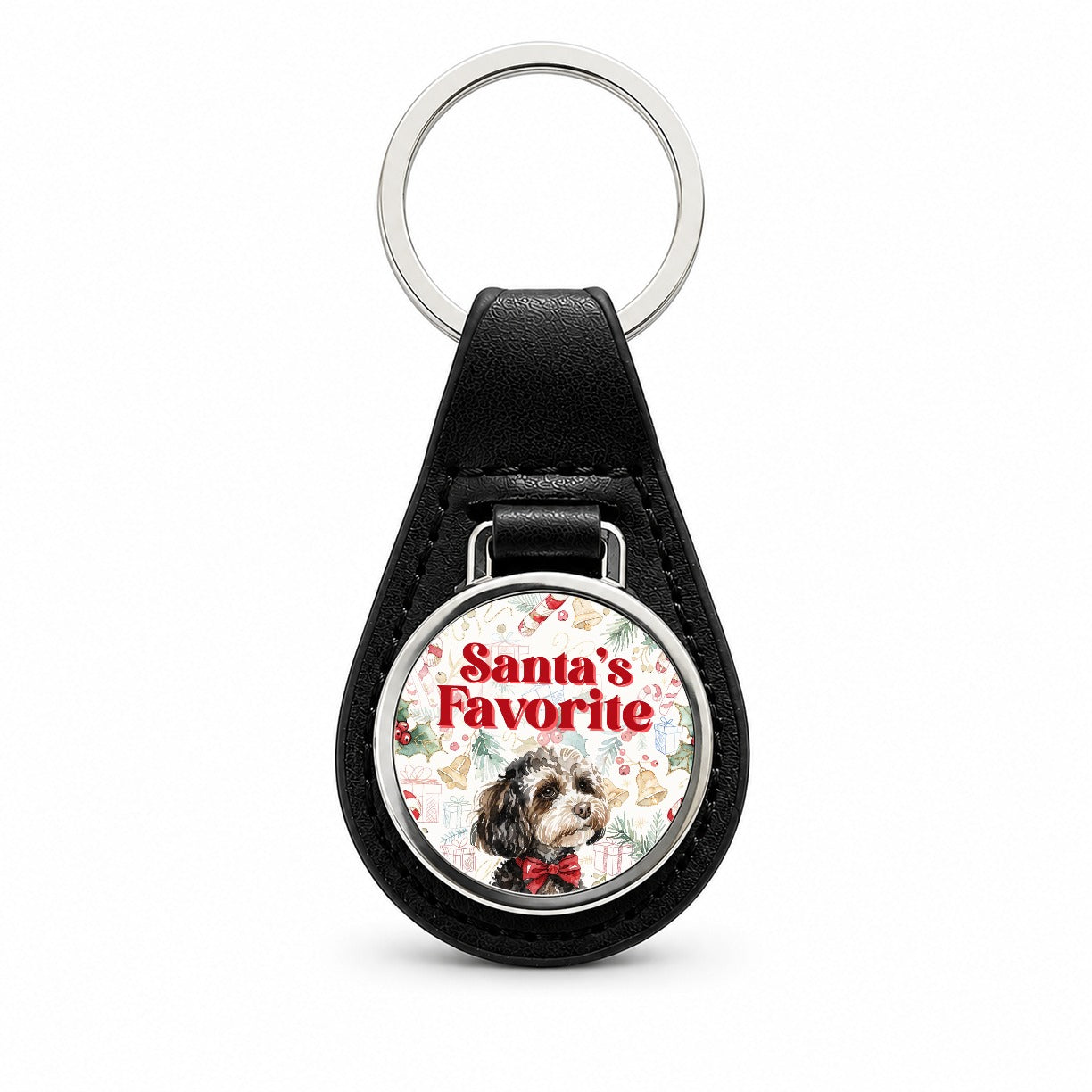 Maltipoo Dog Christmas Santa's Favorite Black Leather Metal Keychain