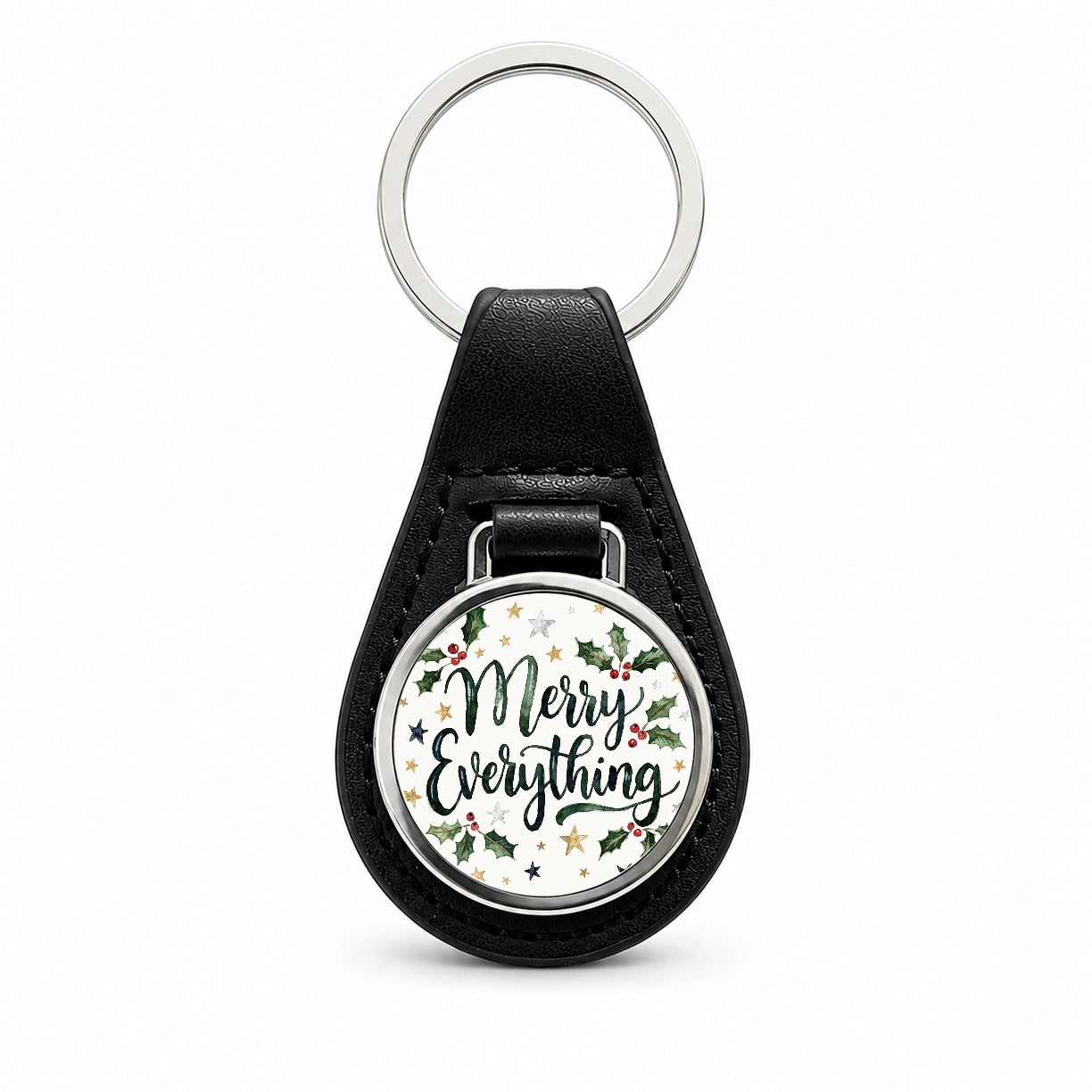 Merry Everything Christmas Green Black Leather Metal Keychain