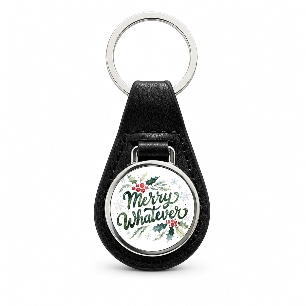 Merry Whatever Christmas Funny Green Black Leather Metal Keychain