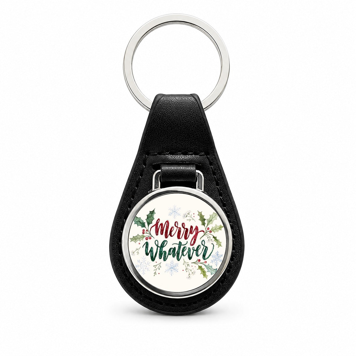 Merry Whatever Christmas Funny Black Leather Metal Keychain