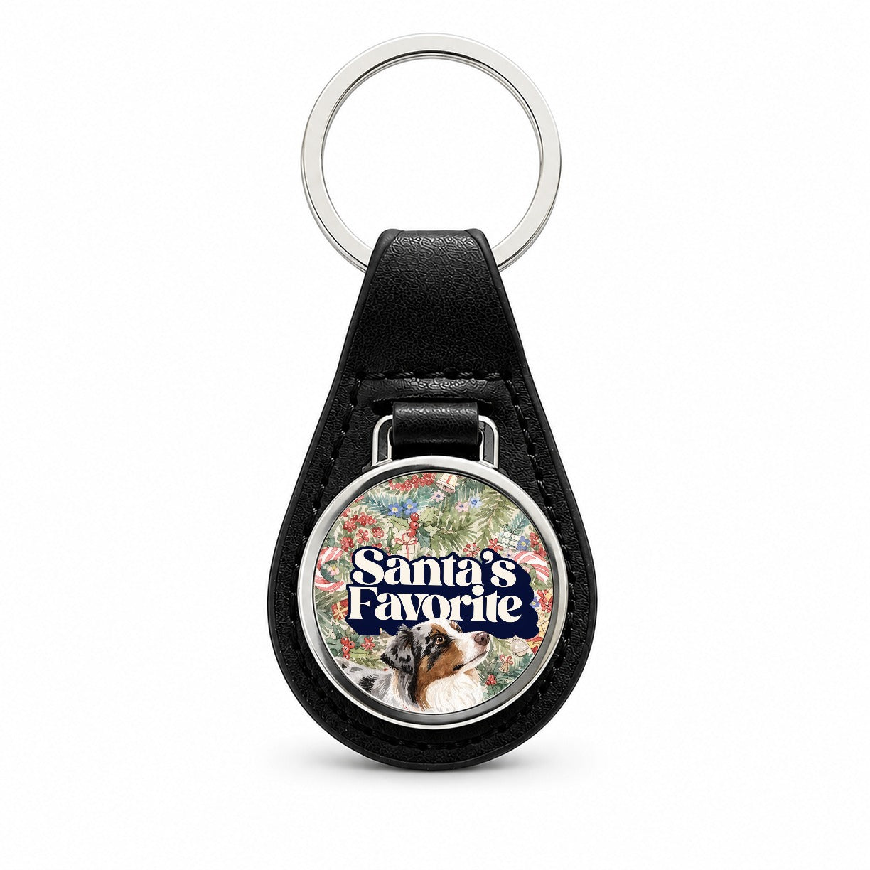 Miniature Australian Shepherd Mini Aussie Dog Christmas Santa's Favorite Black Leather Metal Keychain