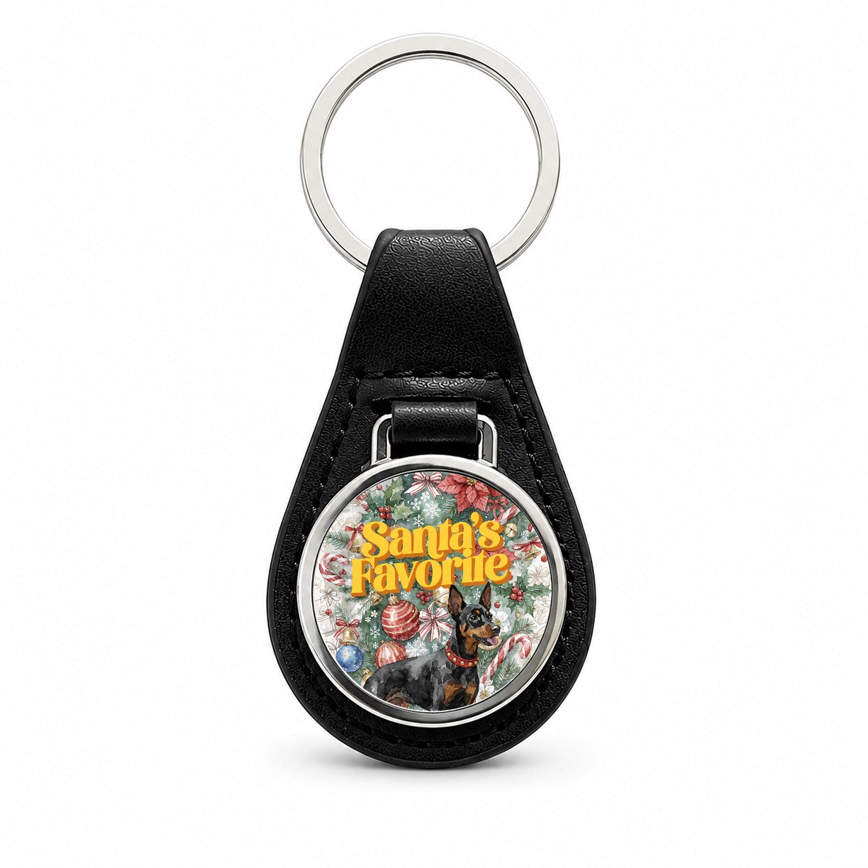 Miniature Pinscher Dog Christmas Santa's Favorite Black Leather Metal Keychain