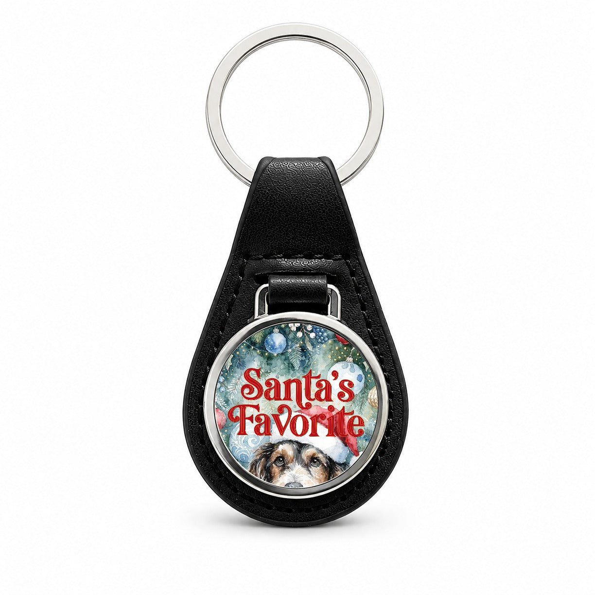 Mixed Breed Dog Christmas Santa's Favorite Black Leather Metal Keychain