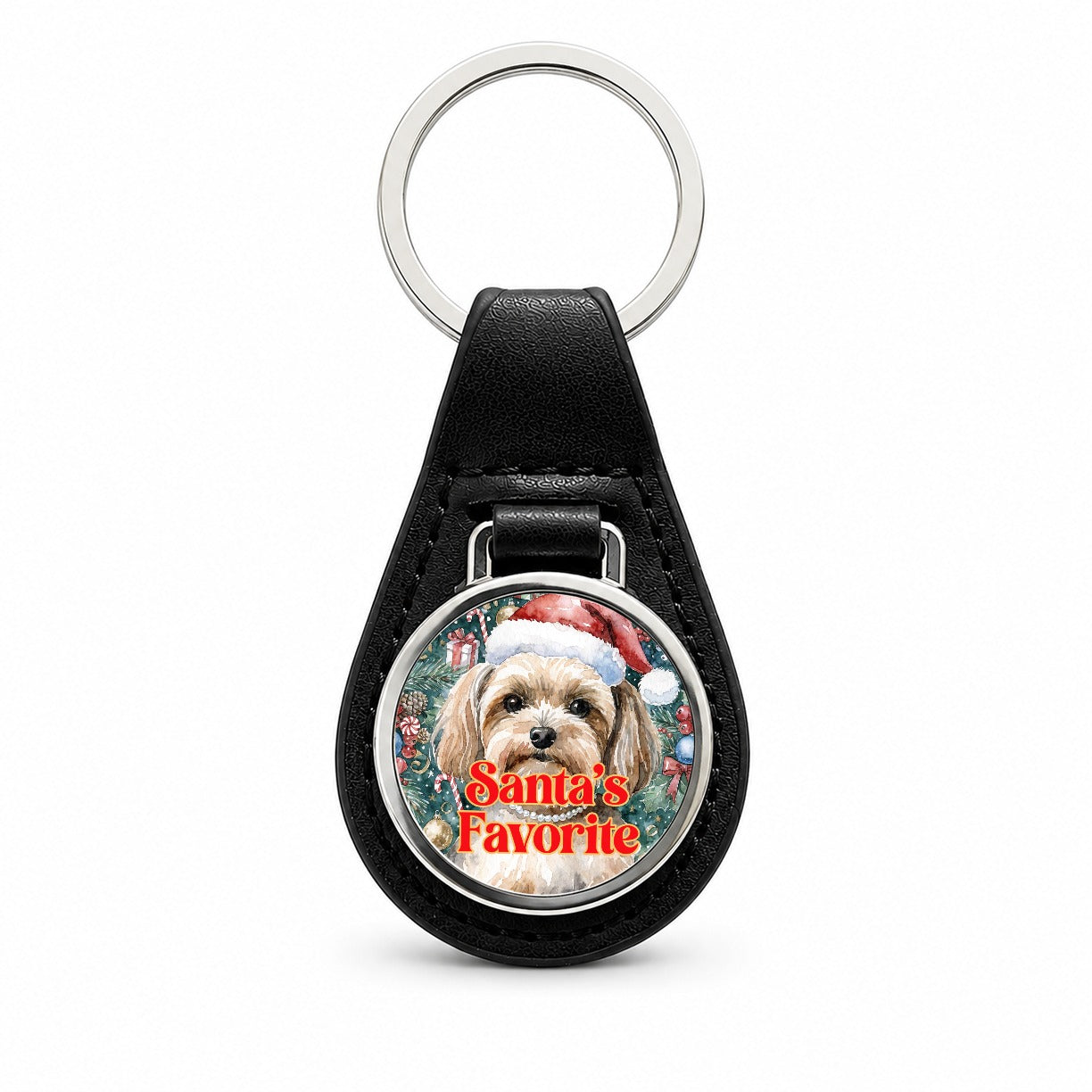 Morkie Dog Christmas Santa's Favorite Black Leather Metal Keychain