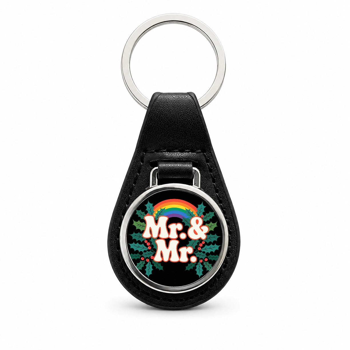 Mr and Mr Pride Gay Rainbow Christmas Bold Black Leather Metal Keychain