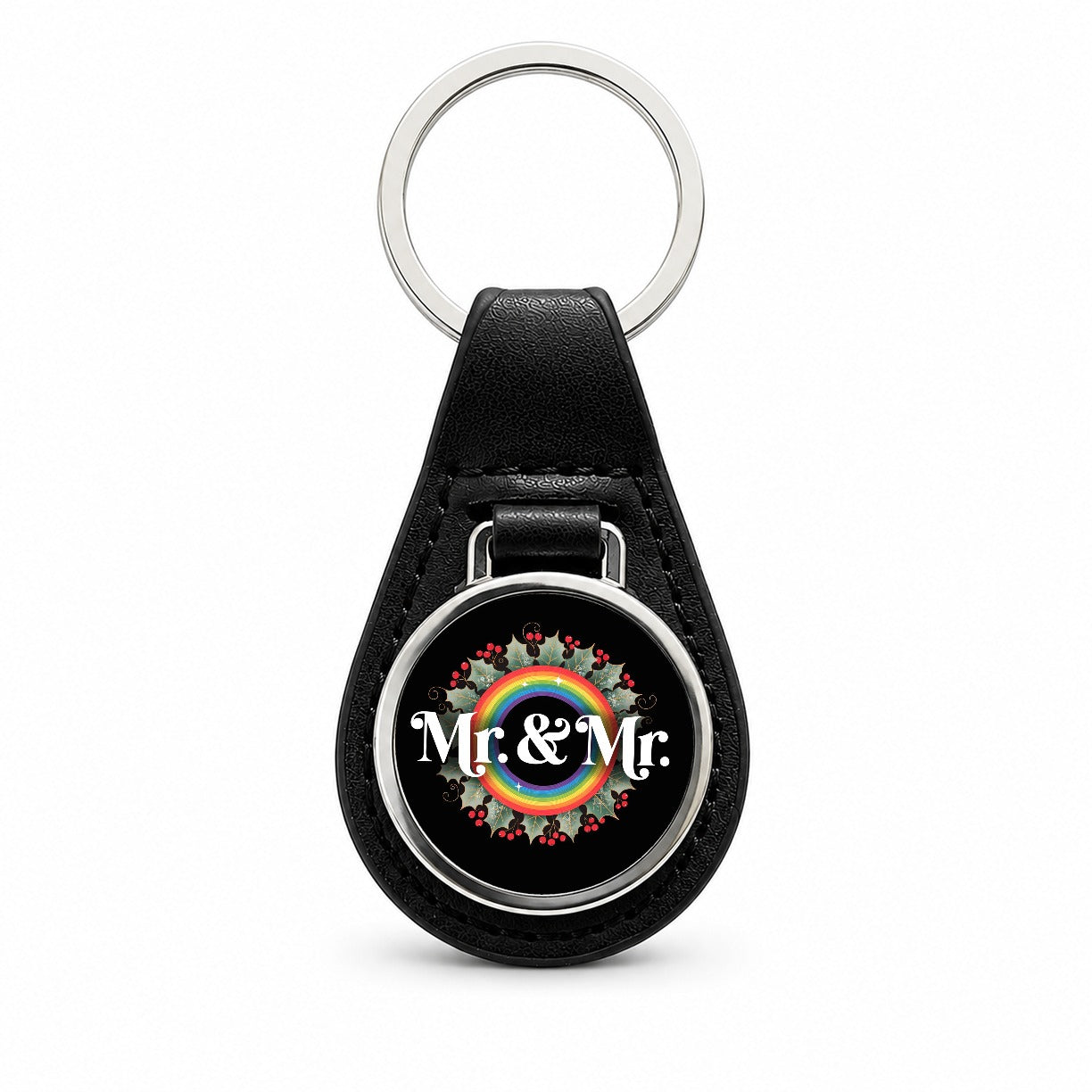 Mr and Mr Pride Gay Rainbow Christmas Wreath Black Leather Metal Keychain