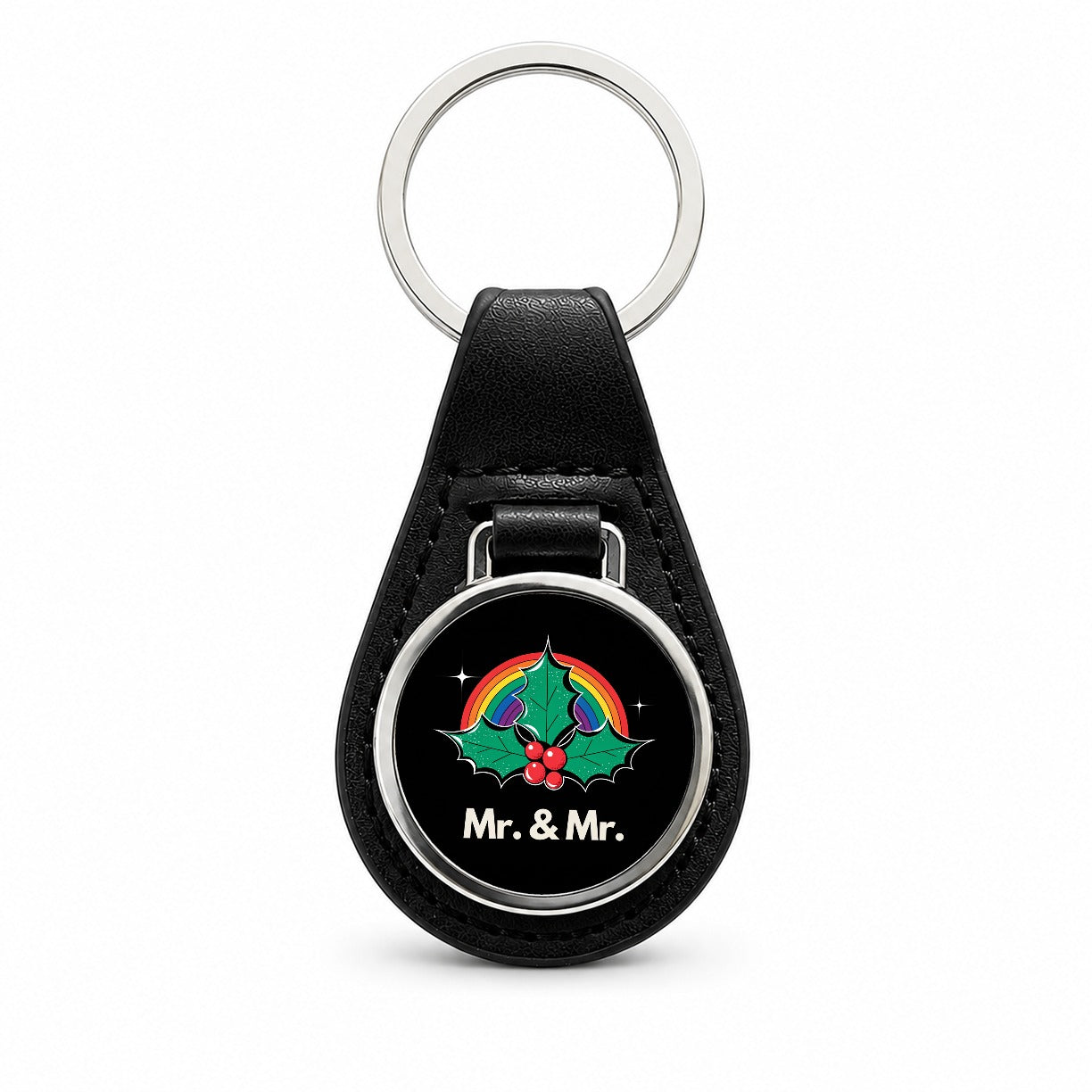 Mr and Mr Pride Gay Rainbow Christmas Black Leather Metal Keychain