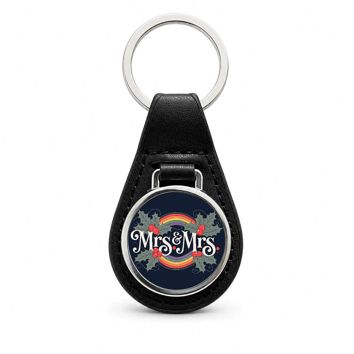Mrs and Mrs Pride Gay Lesbian LGBTQ Double Rainbow Christmas Black Leather Metal Keychain