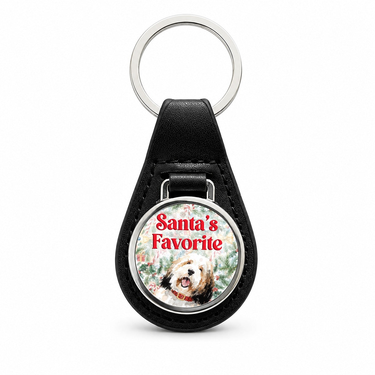 Old English Sheepdog Christmas Santa's Favorite Black Leather Metal Keychain