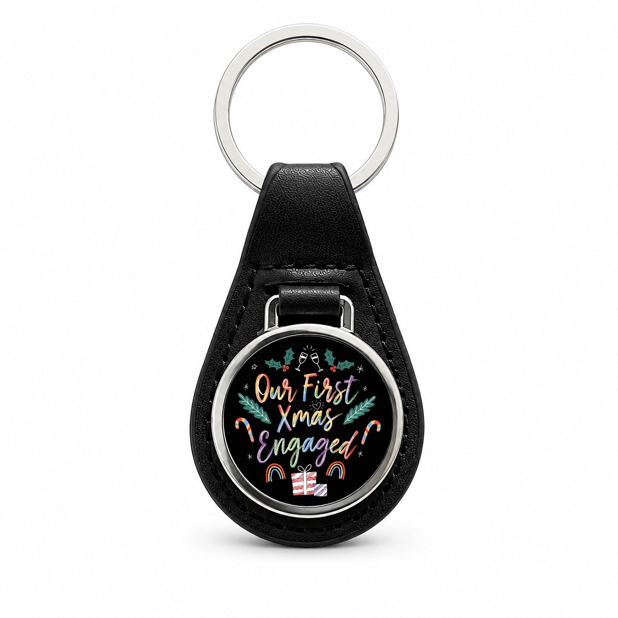 Our First Christmas Xmas Engaged LGBTQ Pride Cute Black Leather Metal Keychain