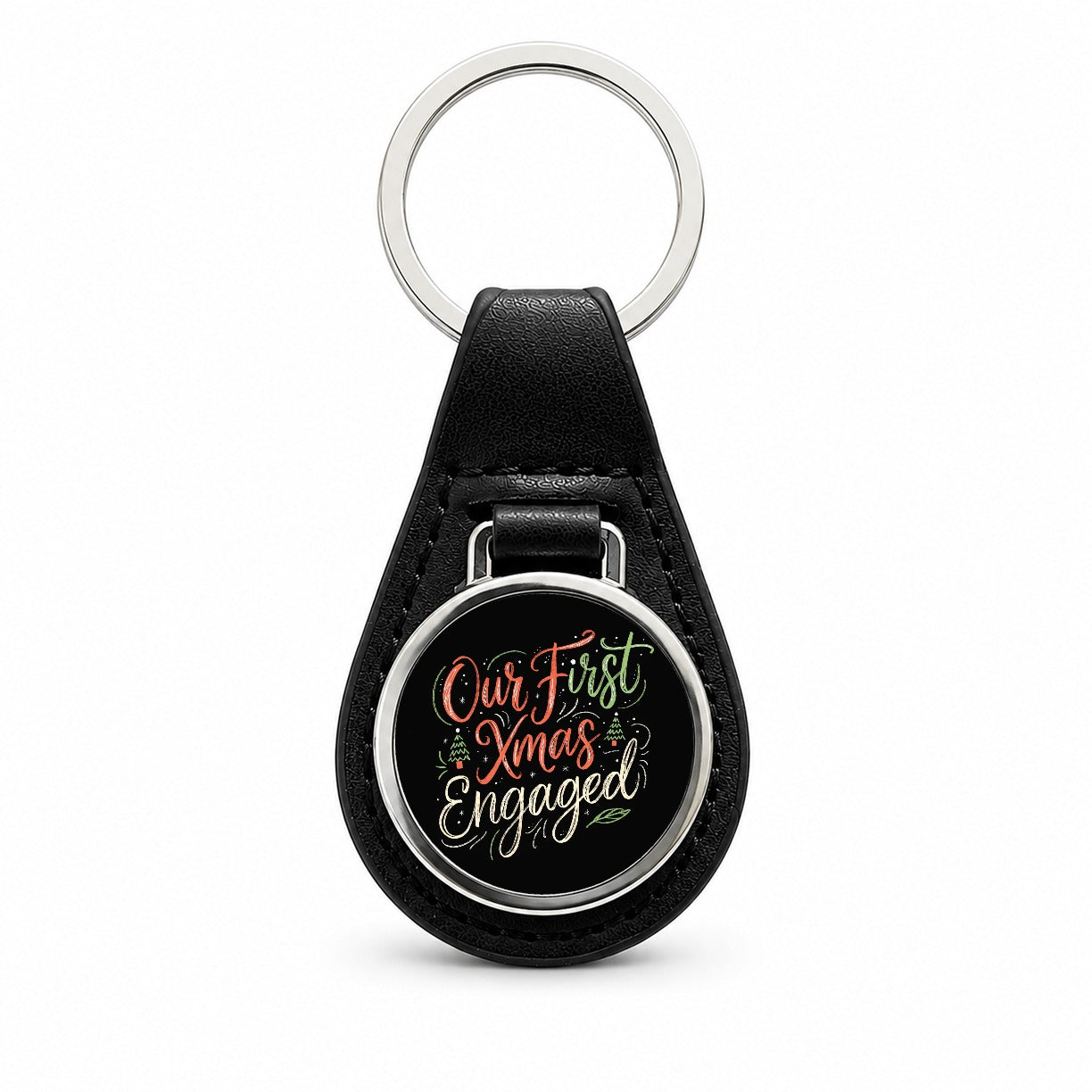 Our First Christmas Xmas Engaged Stylish Black Leather Metal Keychain