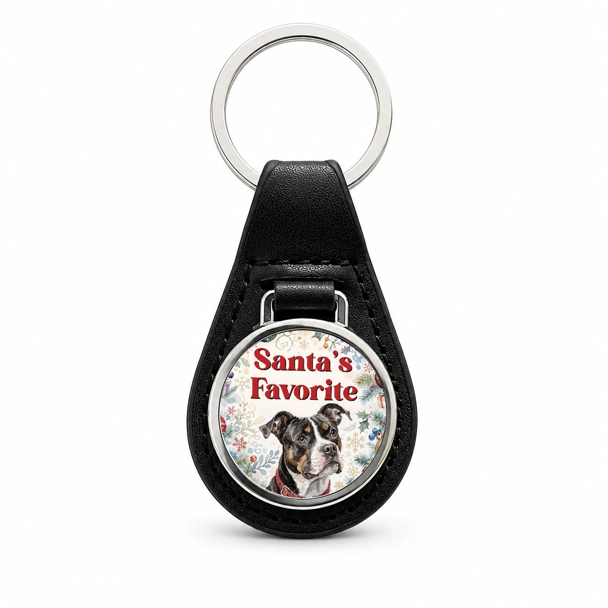 Pit Bull Mix Dog Christmas Santa's Favorite Black Leather Metal Keychain