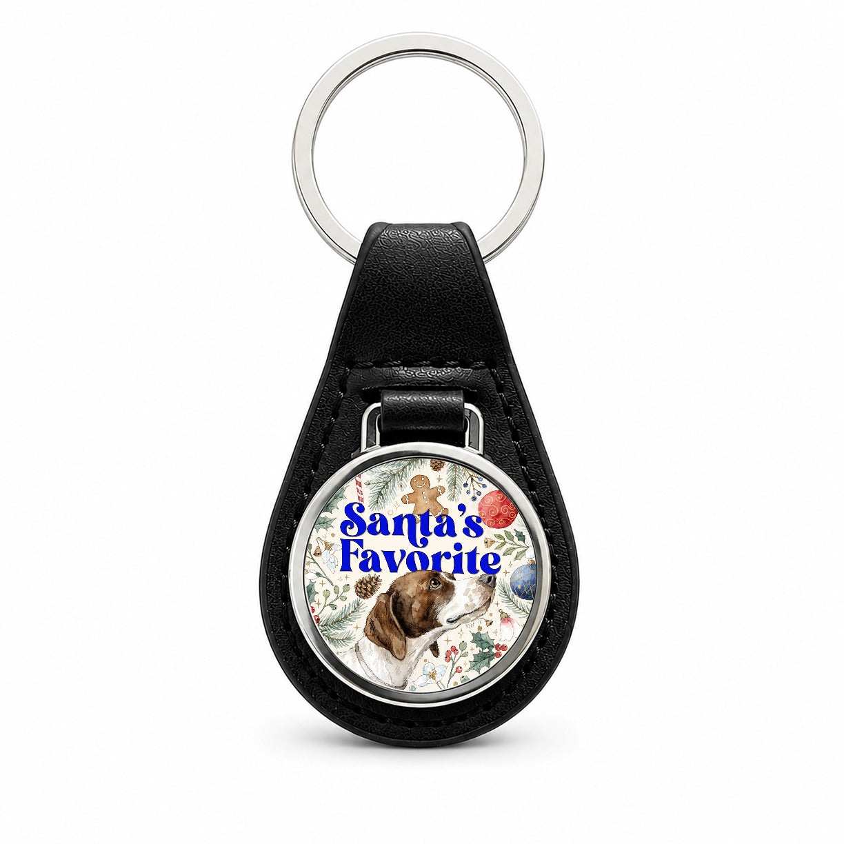 Pointer Dog Christmas Santa's Favorite Black Leather Metal Keychain