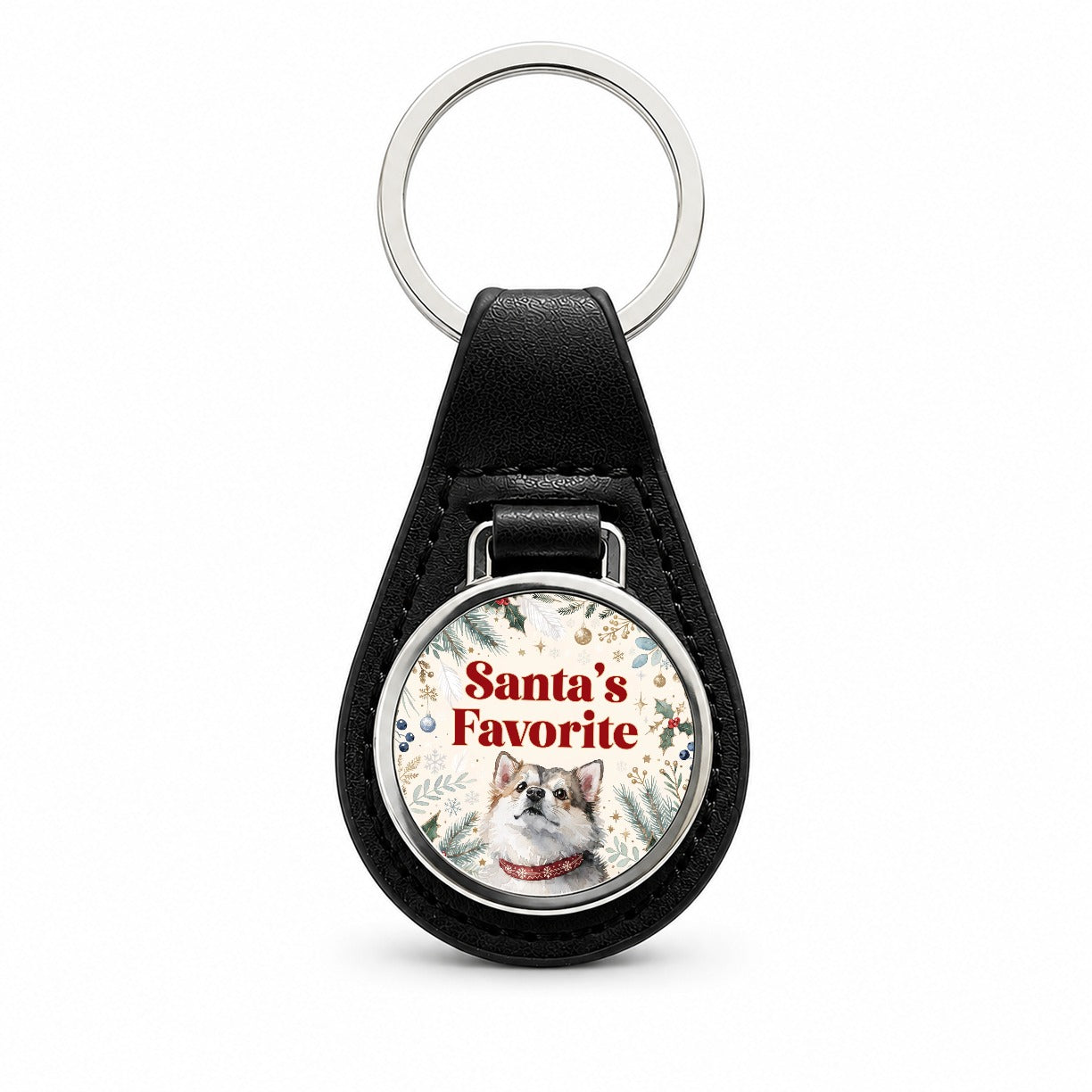 Pomsky Dog Christmas Santa's Favorite Black Leather Metal Keychain