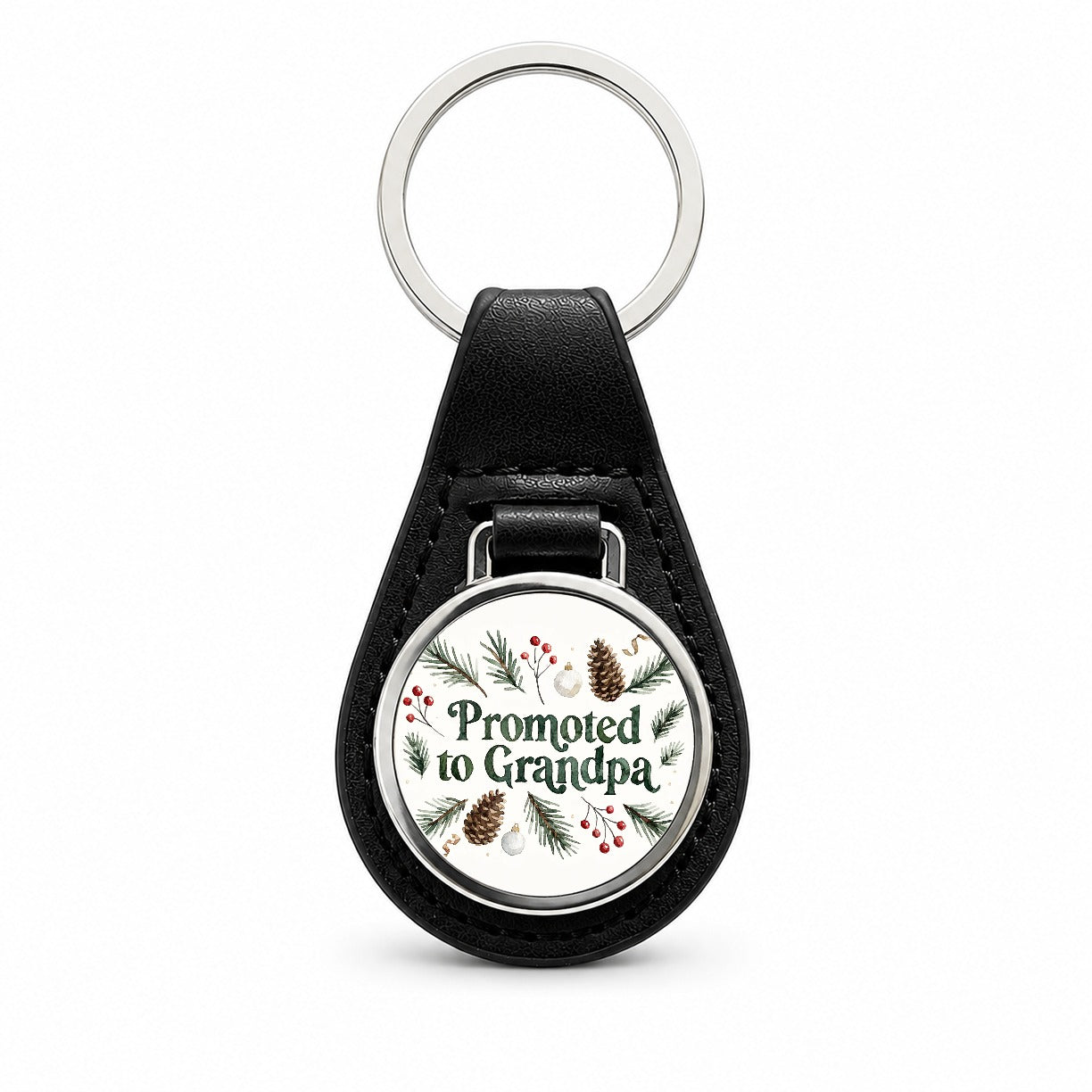 Promoted To Grandpa Christmas Black Leather Metal Keychain