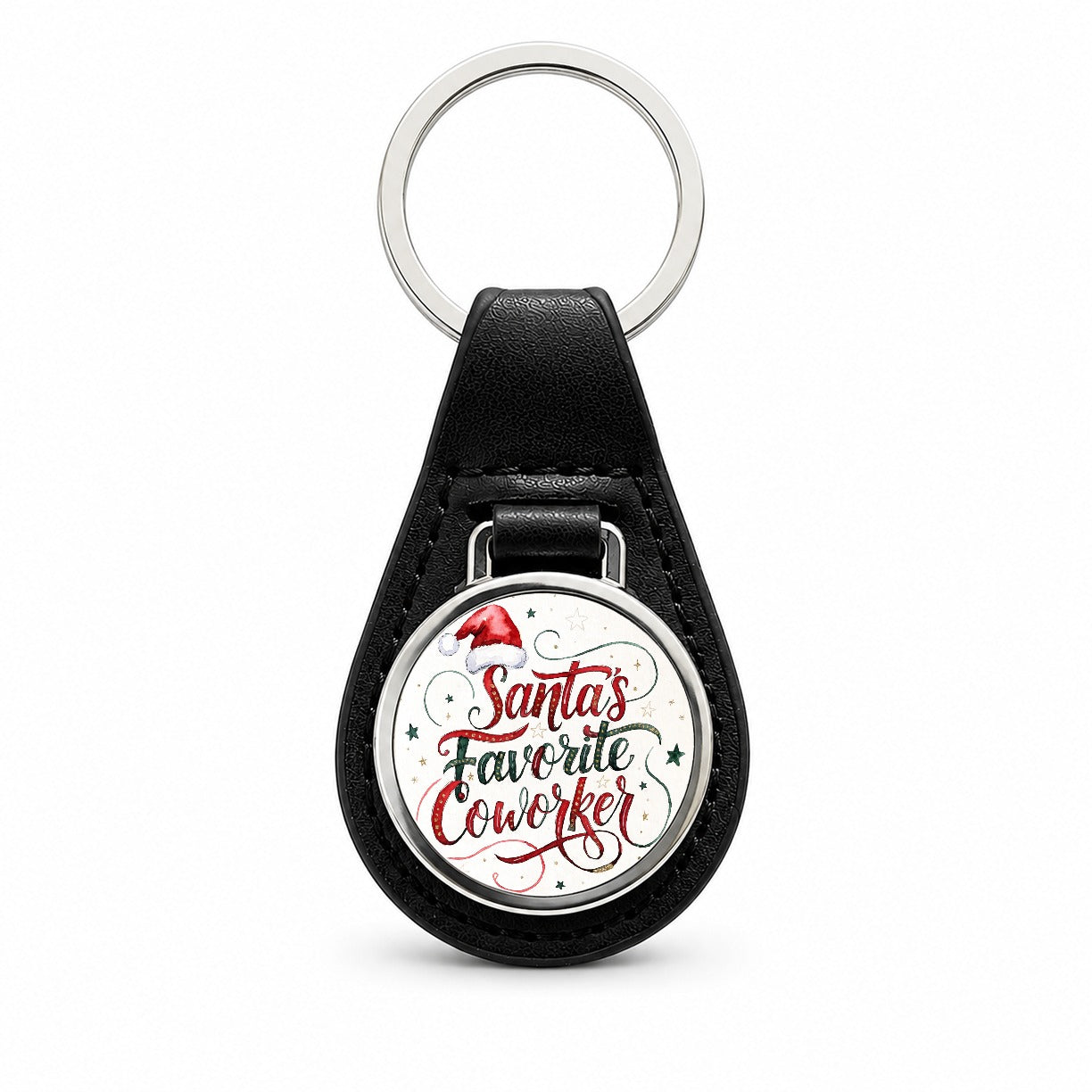 Santa's Favorite Coworker Christmas Black Leather Metal Keychain