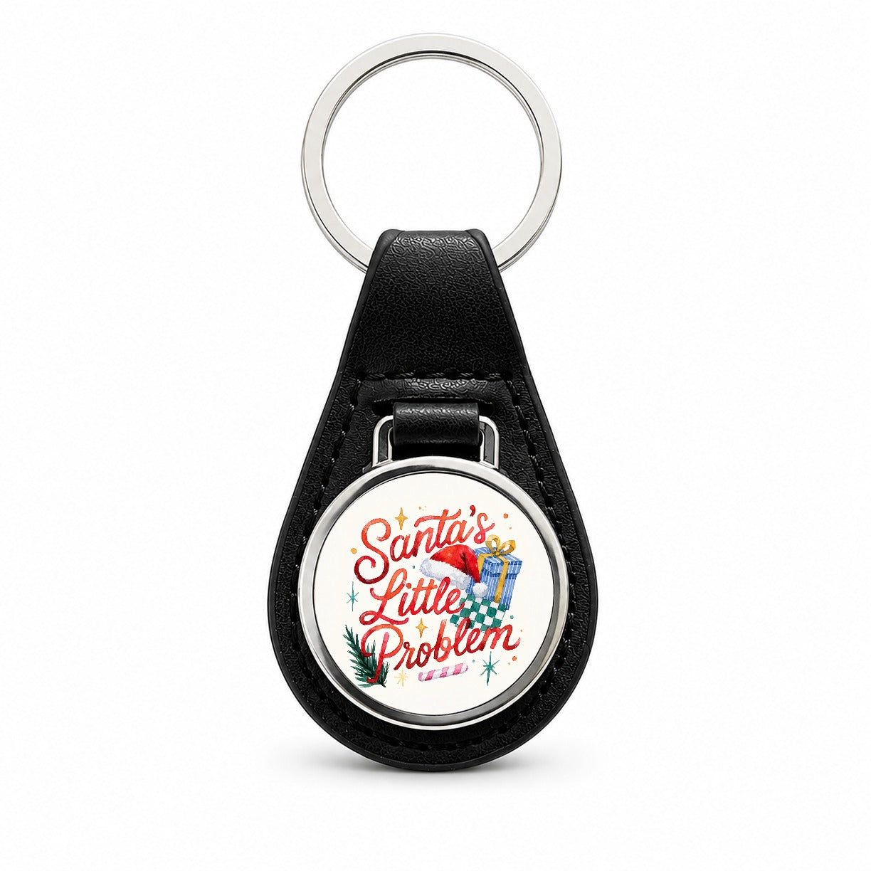 Santa's Little Problem Christmas Funny Black Leather Metal Keychain